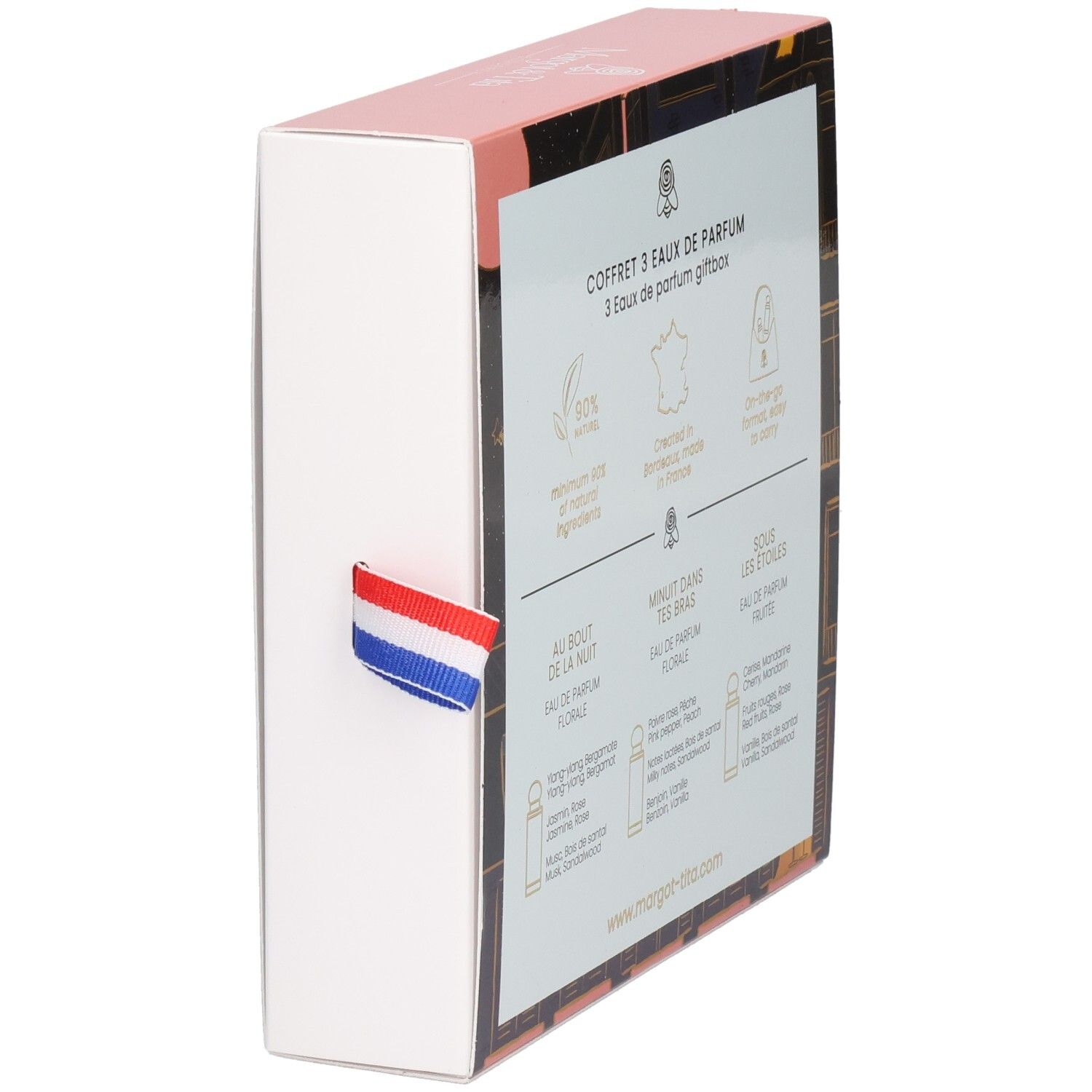 Coffret cadeau Margot & Tita, côté avec drapeau français et informations produit.