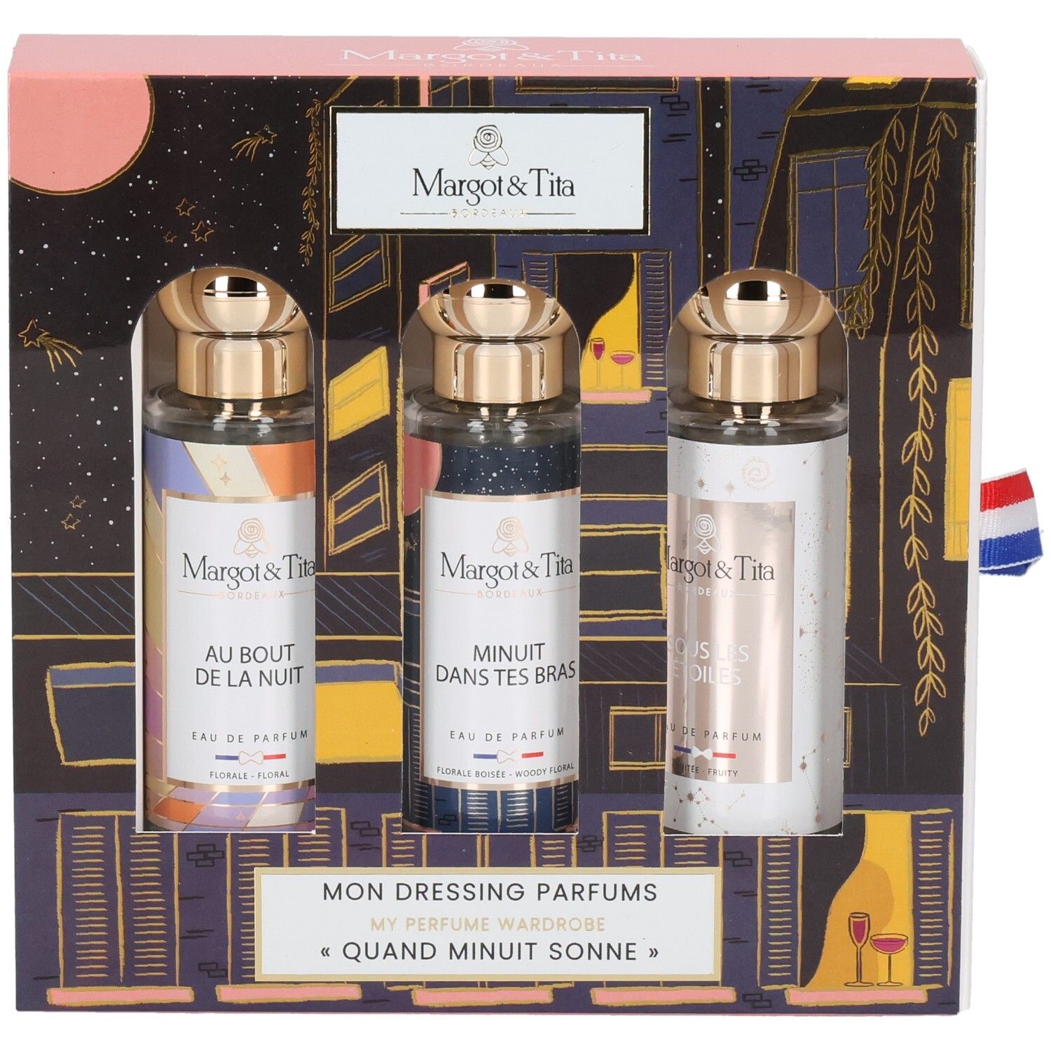 Coffret cadeau Margot & Tita avec trois flacons de parfum, collection 'Quand Minuit Sonne'.