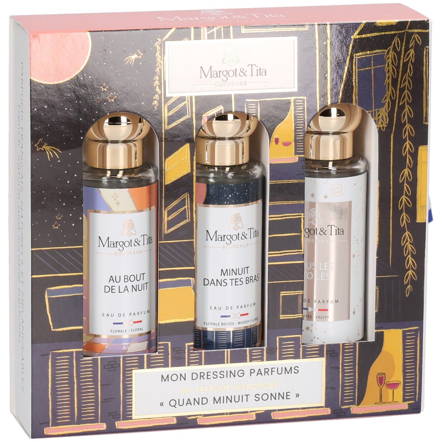 Coffret cadeau Margot & Tita avec trois flacons de parfum, collection 'Quand Minuit Sonne'.