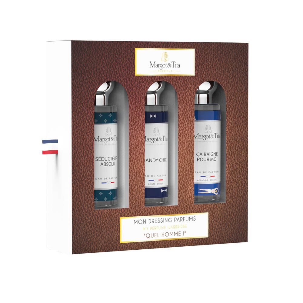 Coffret cadeau avec trois flacons de parfum. Boîte marron avec intérieur blanc. Ruban drapeau français.