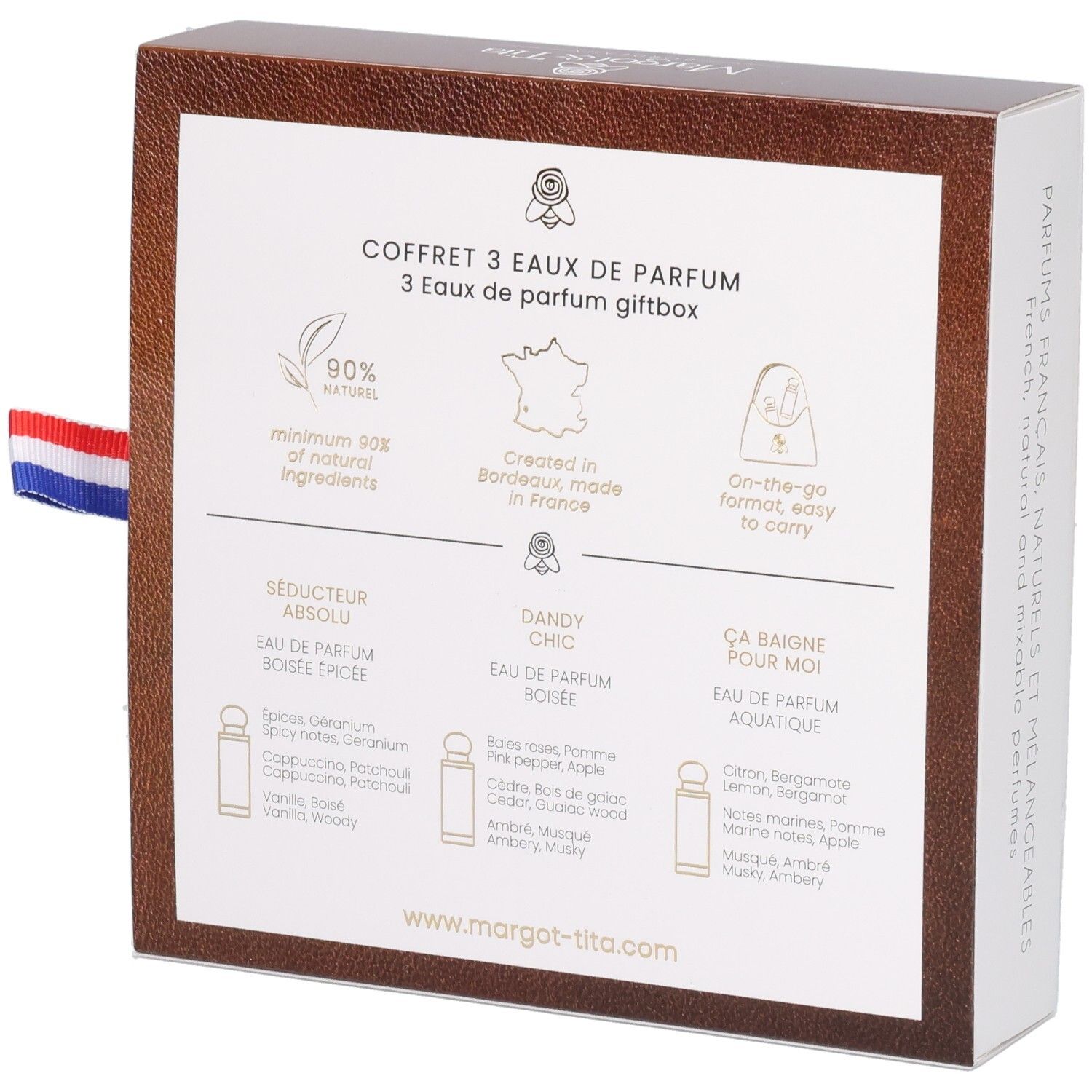 Dos du coffret cadeau avec informations. Texte et illustrations. Ruban drapeau français.