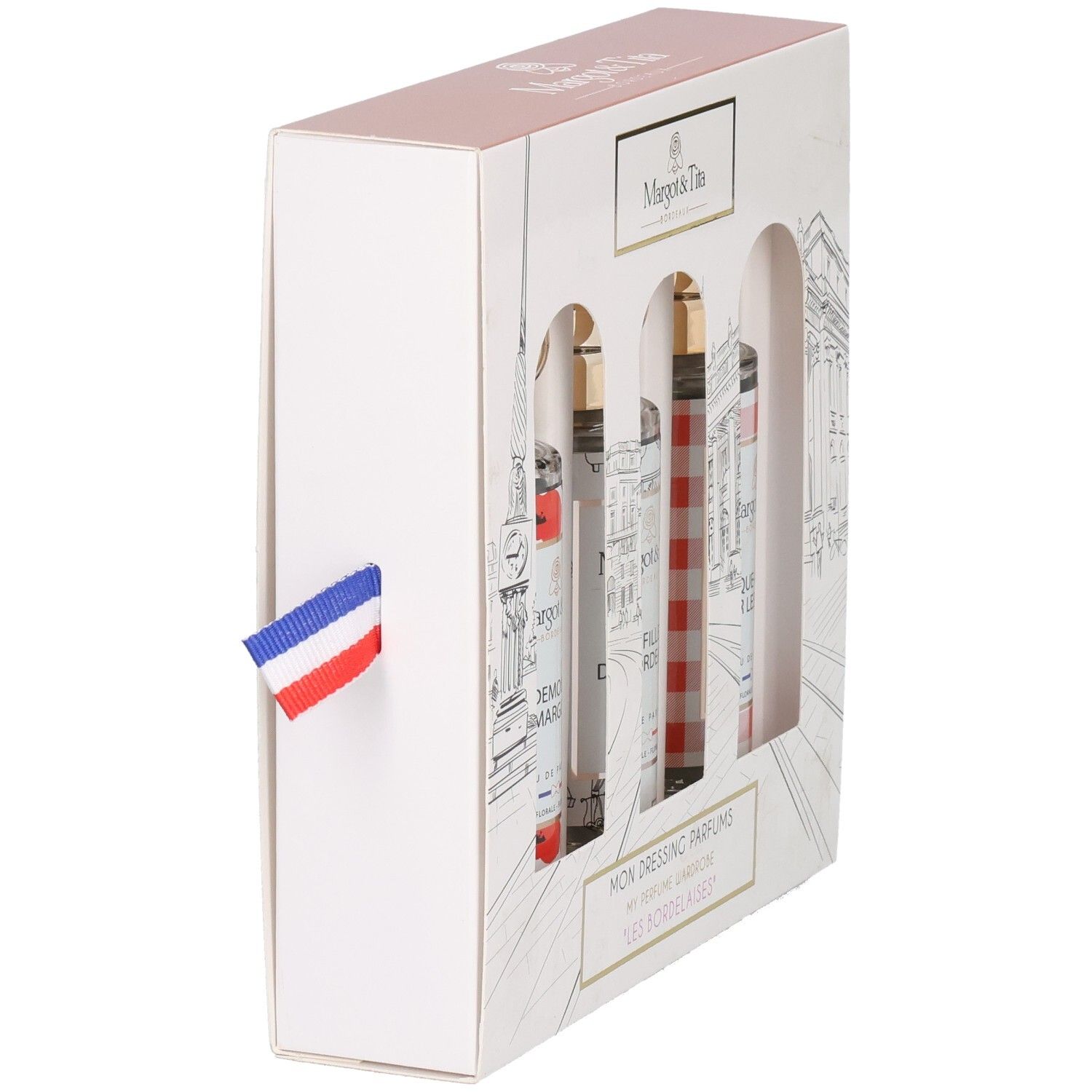 Coffret Margot & Tita, vue de côté avec trois flacons de parfum et drapeau français.