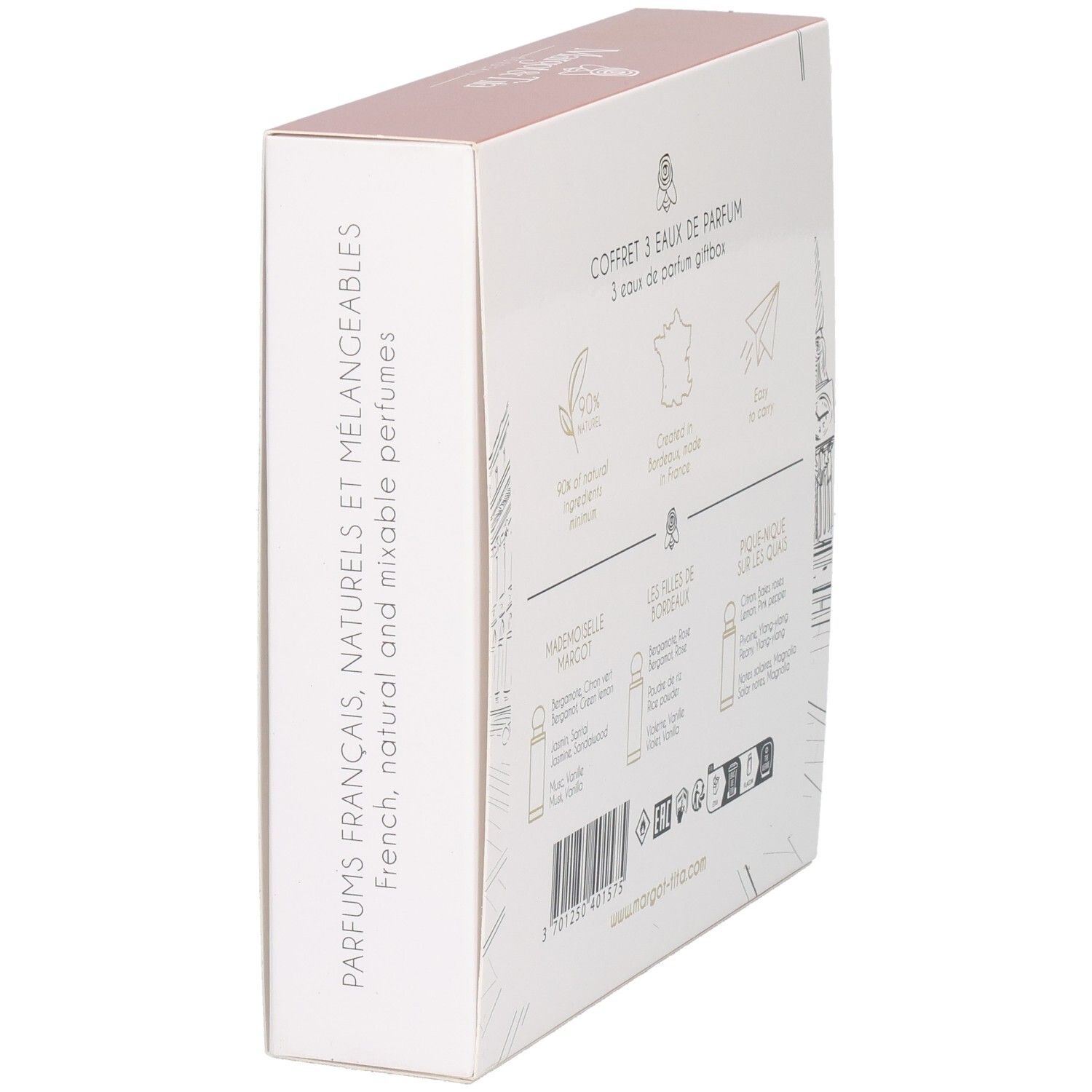 Vue latérale du coffret Margot & Tita avec inscription française.