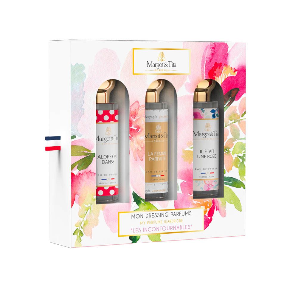 Coffret cadeau Trio Les Incontournables. Boîte blanche avec motifs floraux et noms de produits. Bouchons dorés et drapeau français.