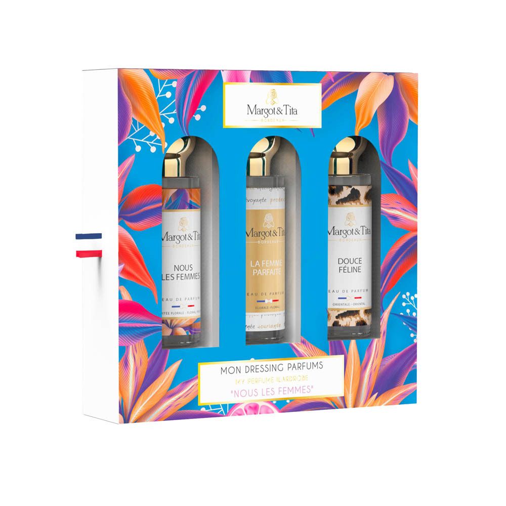 Coffret cadeau Margot & Tita avec trois flacons de parfum : Nous Les Femmes, La Femme Parfaite, Douce Féline.