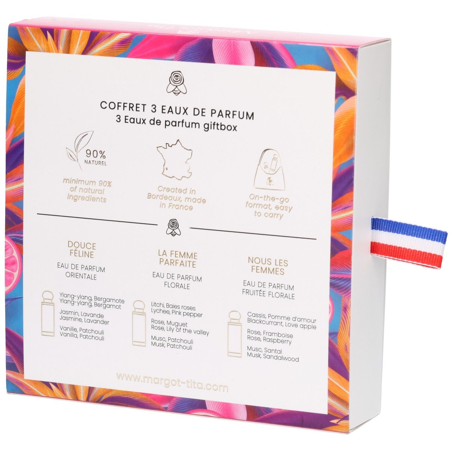 Arrière du coffret cadeau Margot & Tita avec détails sur les trois parfums : Douce Féline, La Femme Parfaite, Nous Les Femmes.
