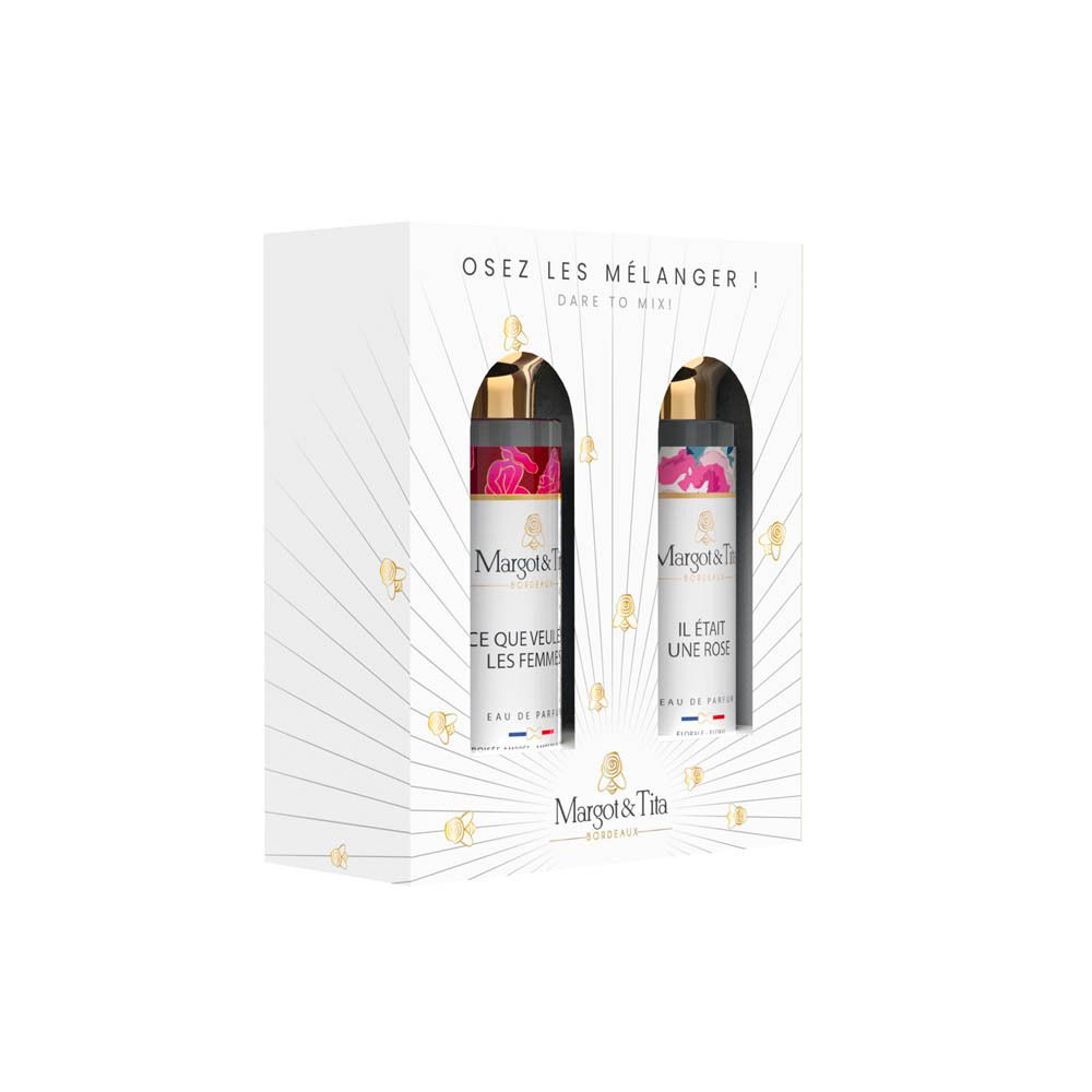 Coffret Margot & Tita avec deux flacons d'Eau de Parfum, "Ce Que Veulent Les Femmes" et "Il Était Une Rose".