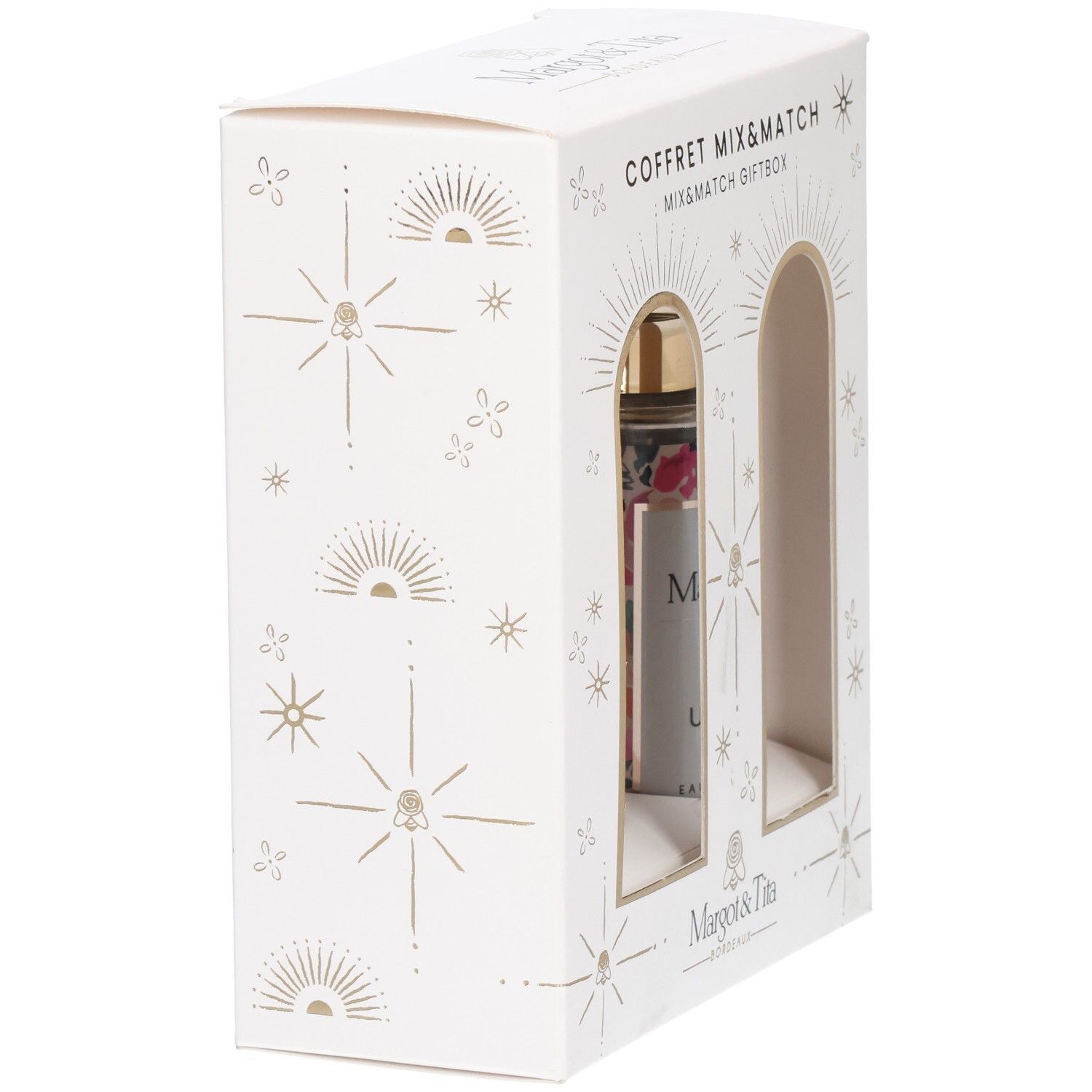 Vue latérale du coffret Mix & Match Margot & Tita avec deux flacons d'Eau de Parfum.