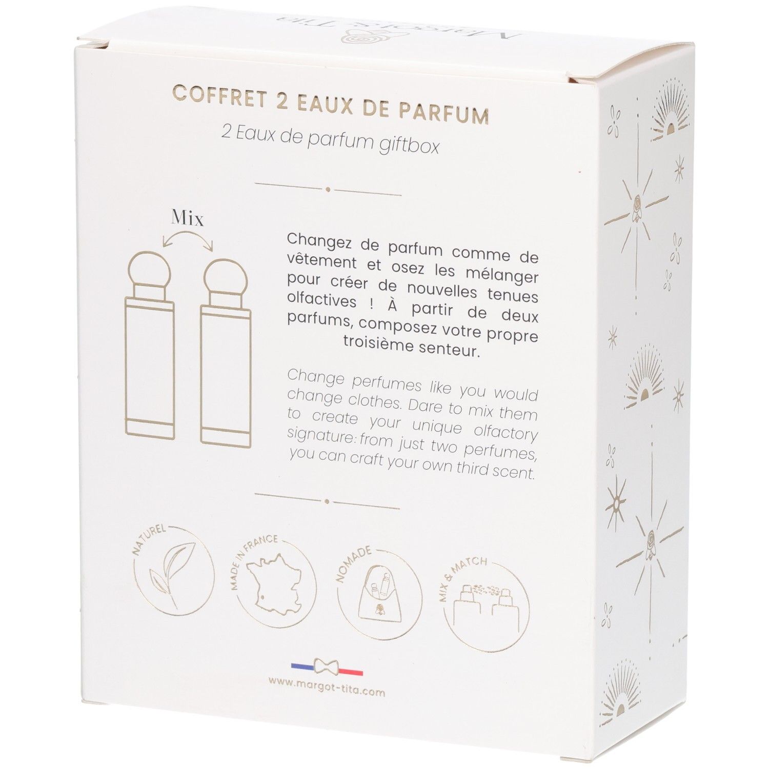 Arrière du coffret Margot & Tita expliquant le mélange des parfums.