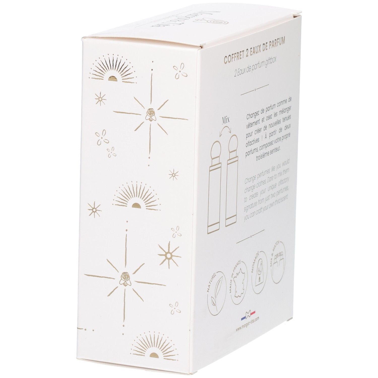 Vue latérale du coffret Margot & Tita avec des indications sur le mélange des parfums.