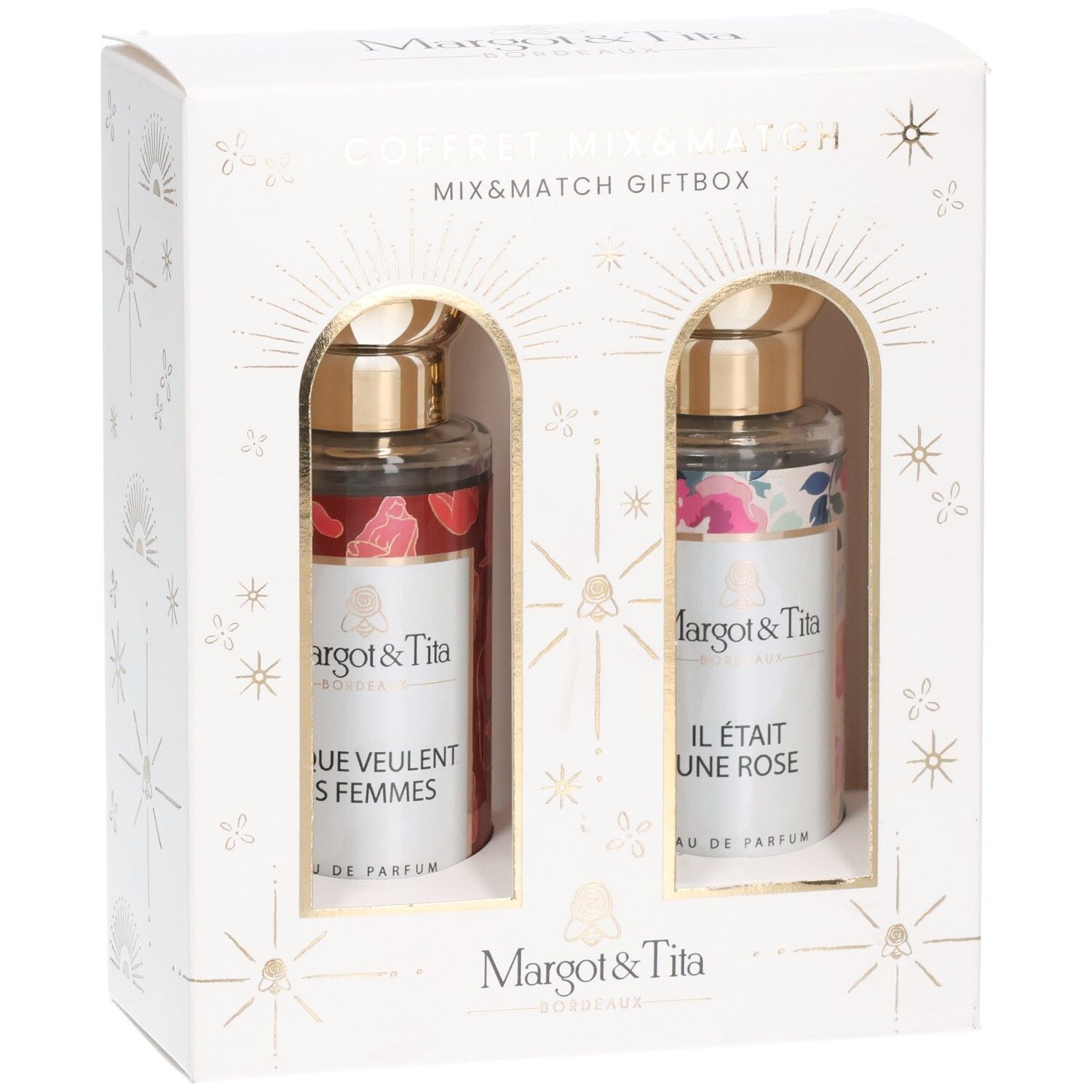 Coffret Mix & Match Margot & Tita avec deux flacons d'Eau de Parfum, légèrement en biais.