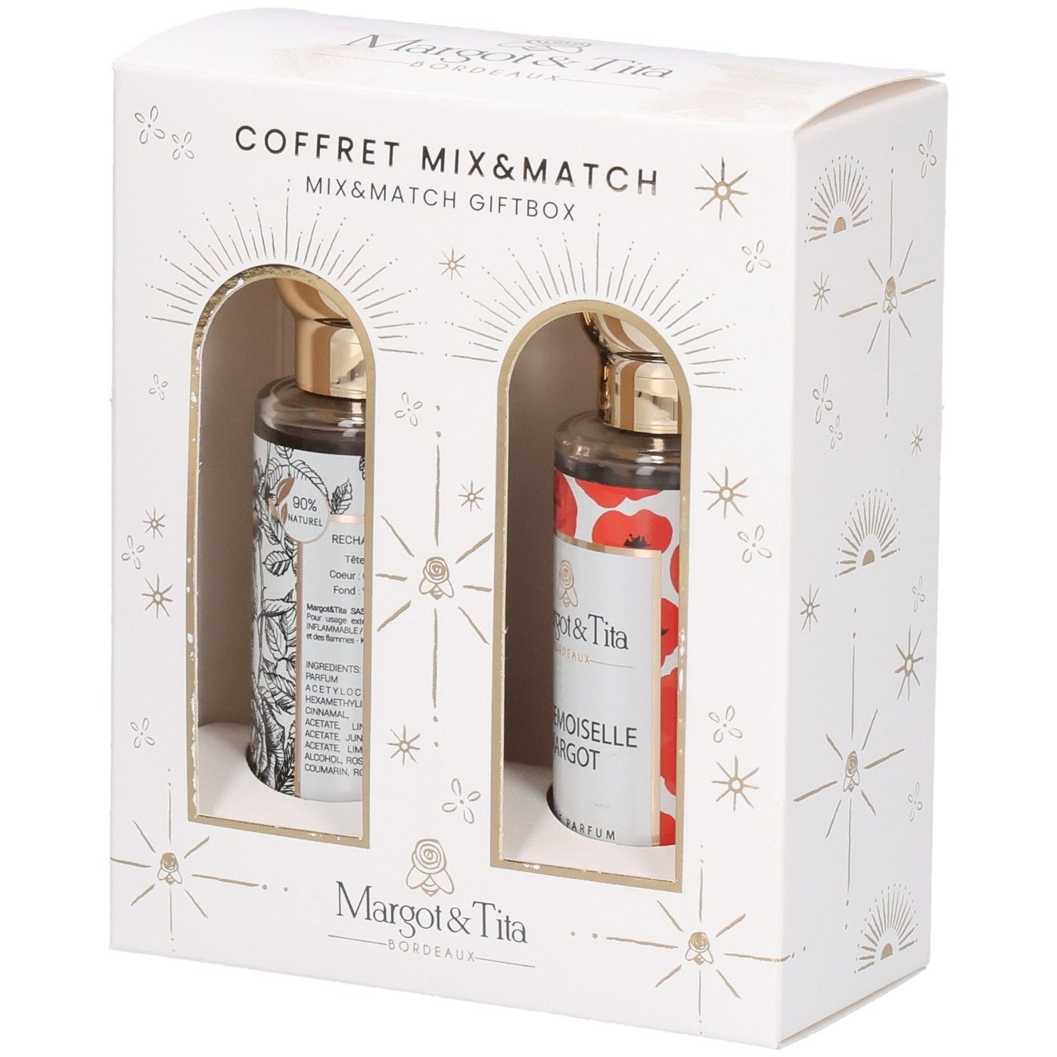 Coffret Mix&Match Margot & Tita avec deux flacons de parfum, l'un à motif botanique, l'autre à coquelicots.