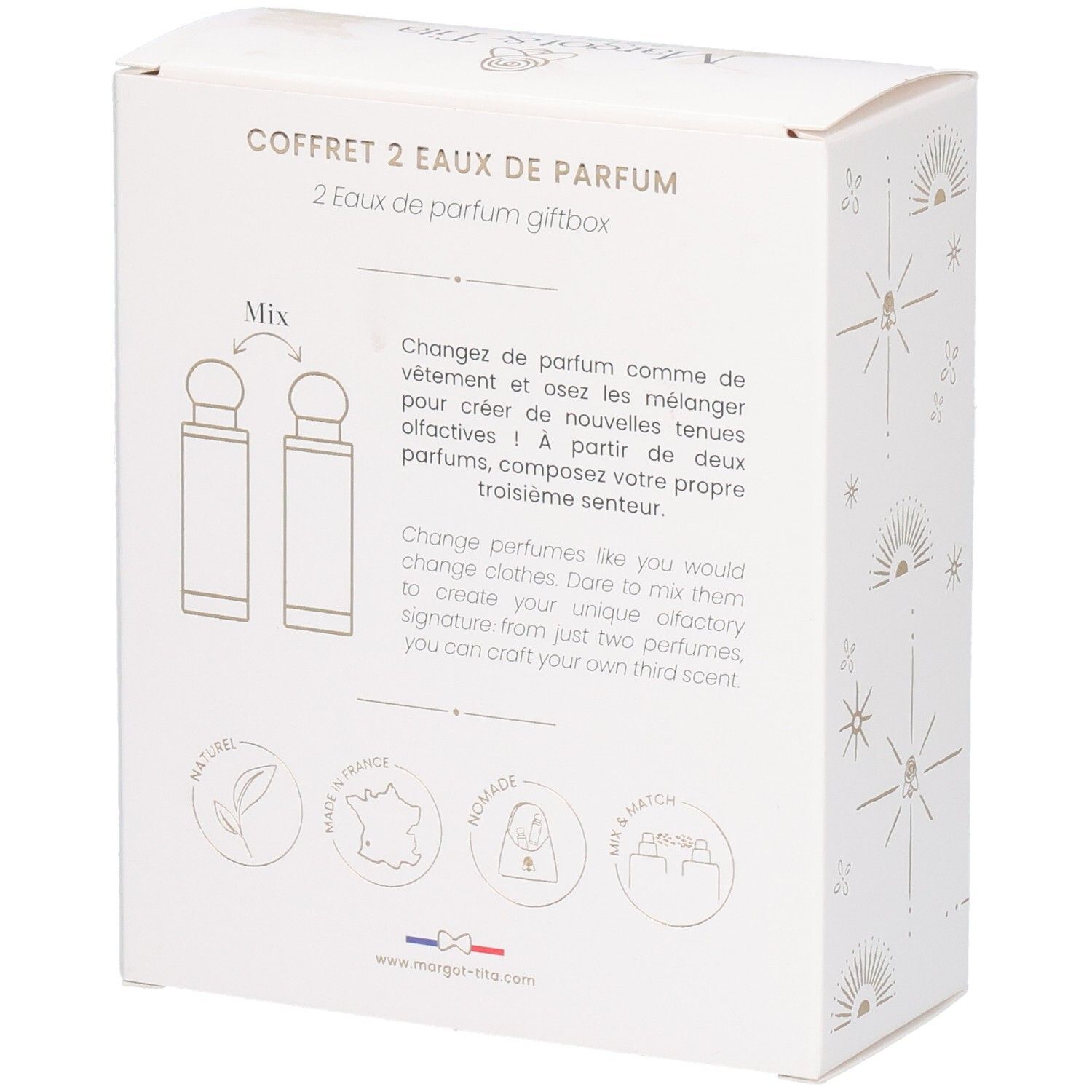 Arrière de la boîte cadeau avec instructions pour mélanger les parfums et informations produit.