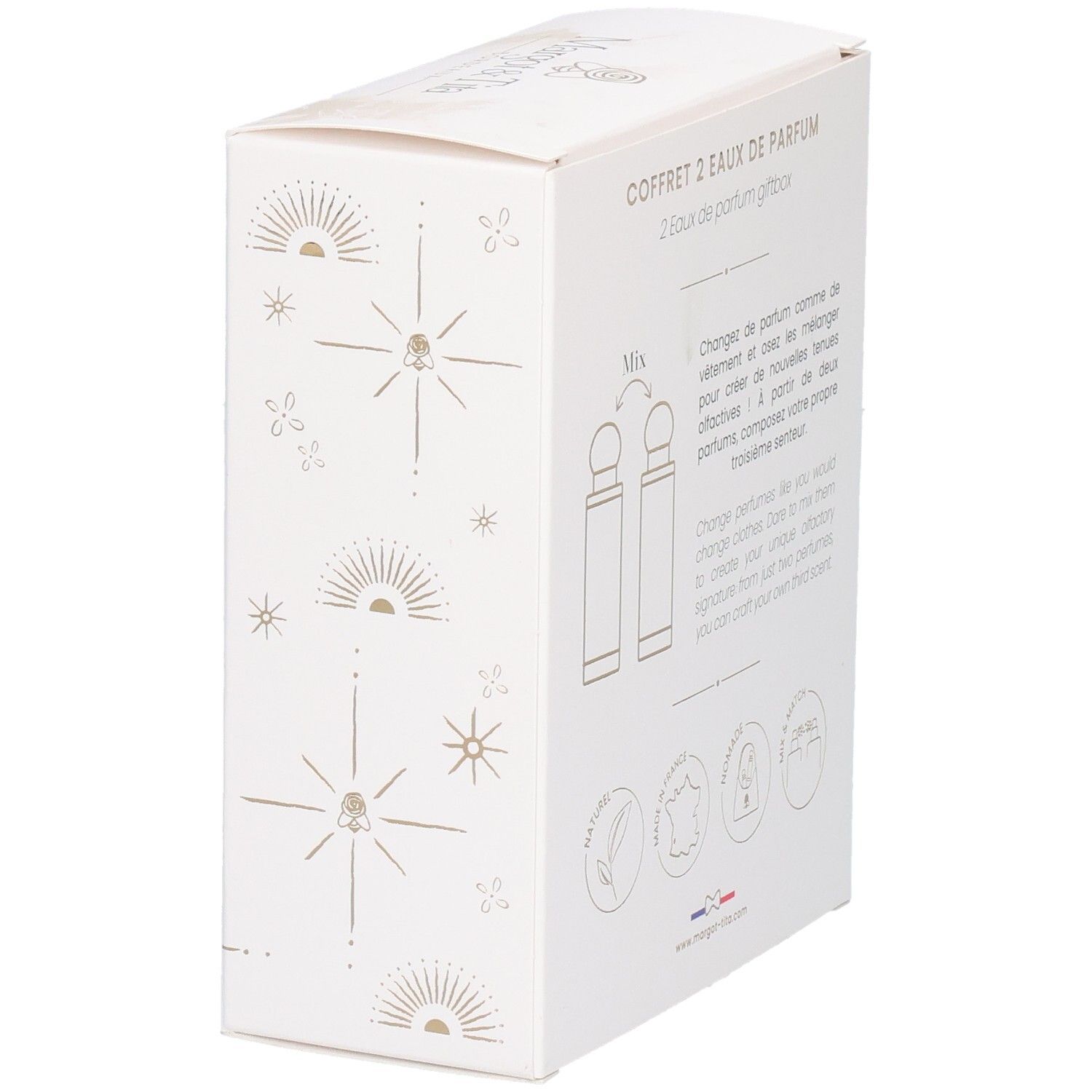 Vue latérale de la boîte cadeau avec des indications sur le mélange des parfums et des informations produit.
