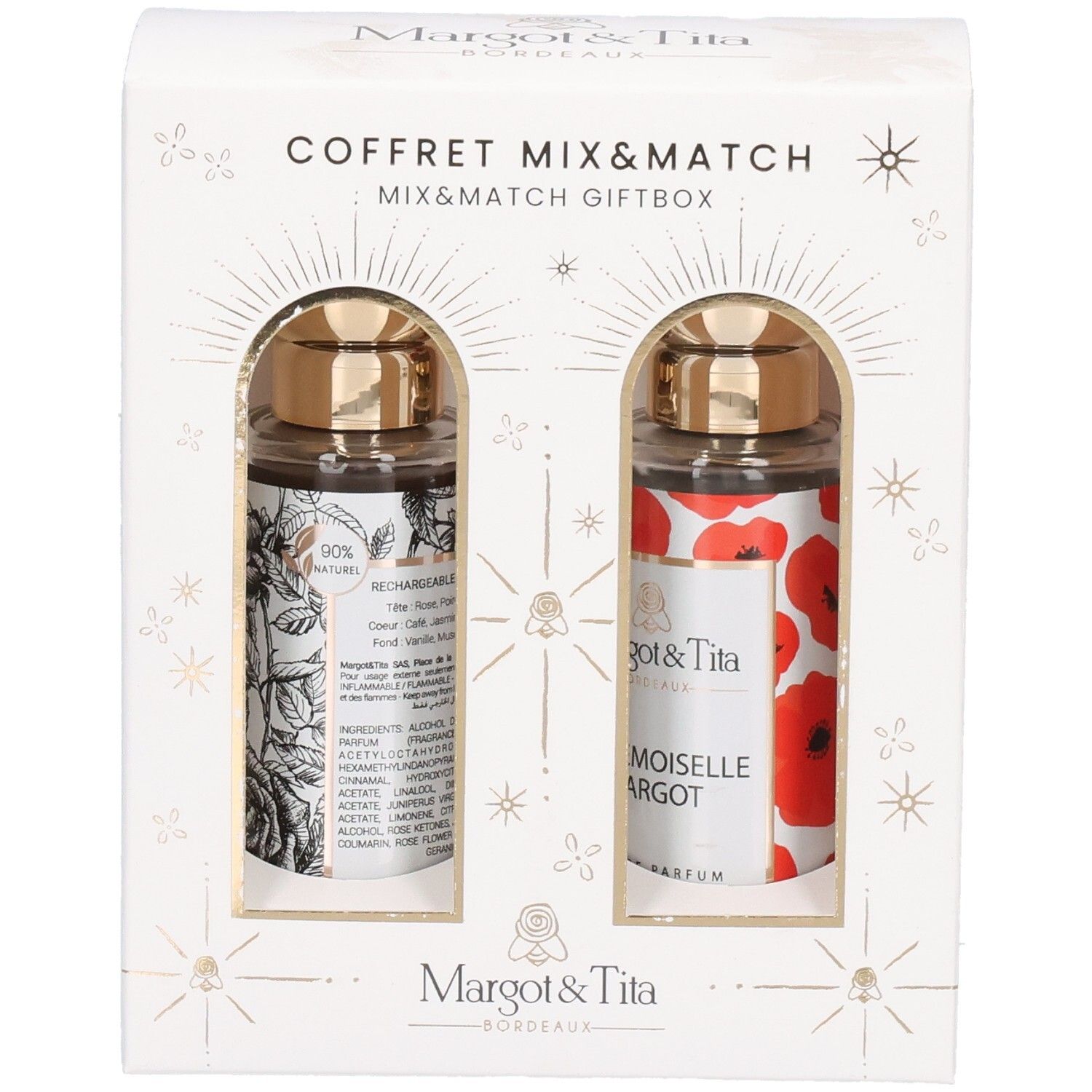 Coffret Mix&Match Margot & Tita avec deux flacons de parfum, l'un à motif botanique, l'autre à coquelicots.