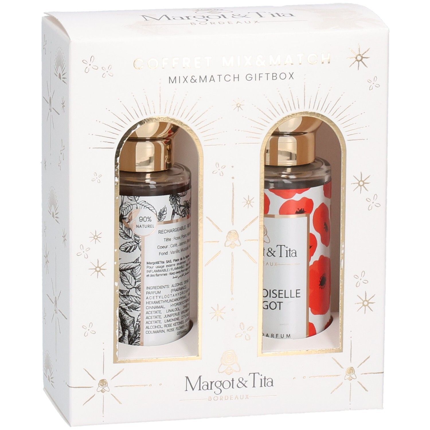 Coffret Mix&Match Margot & Tita avec deux flacons de parfum, l'un à motif botanique, l'autre à coquelicots.