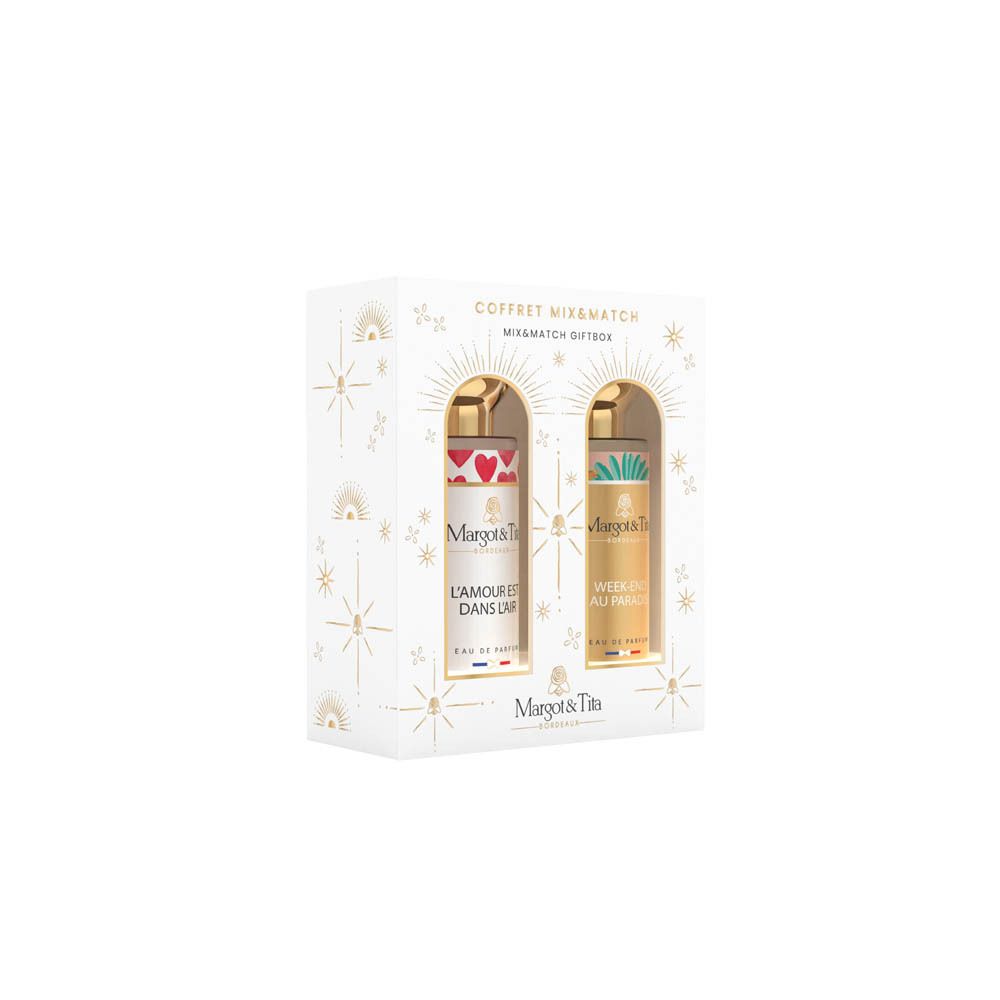 Coffret Mix & Match Margot & Tita avec deux flacons de parfum, l'un à cœurs rouges, l'autre à motif feuilles de palmier.