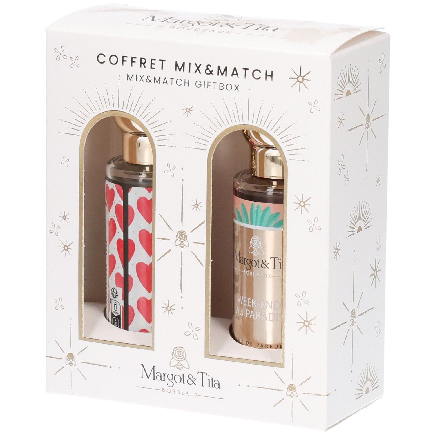 Coffret Mix & Match Margot & Tita avec deux flacons de parfum, l'un à cœurs rouges, l'autre à motif feuilles de palmier.