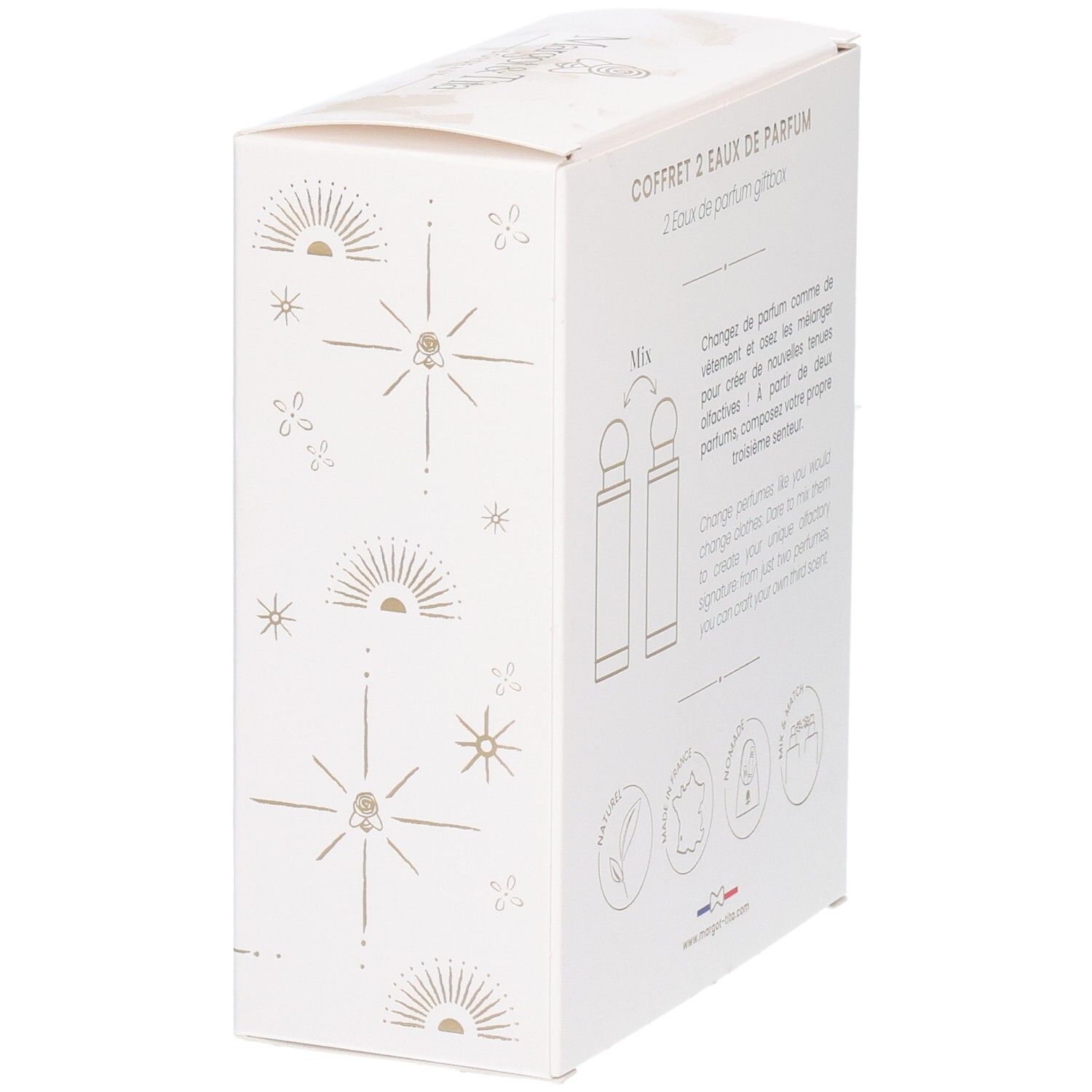 Vue latérale du coffret Mix & Match Margot & Tita avec deux flacons de parfum.