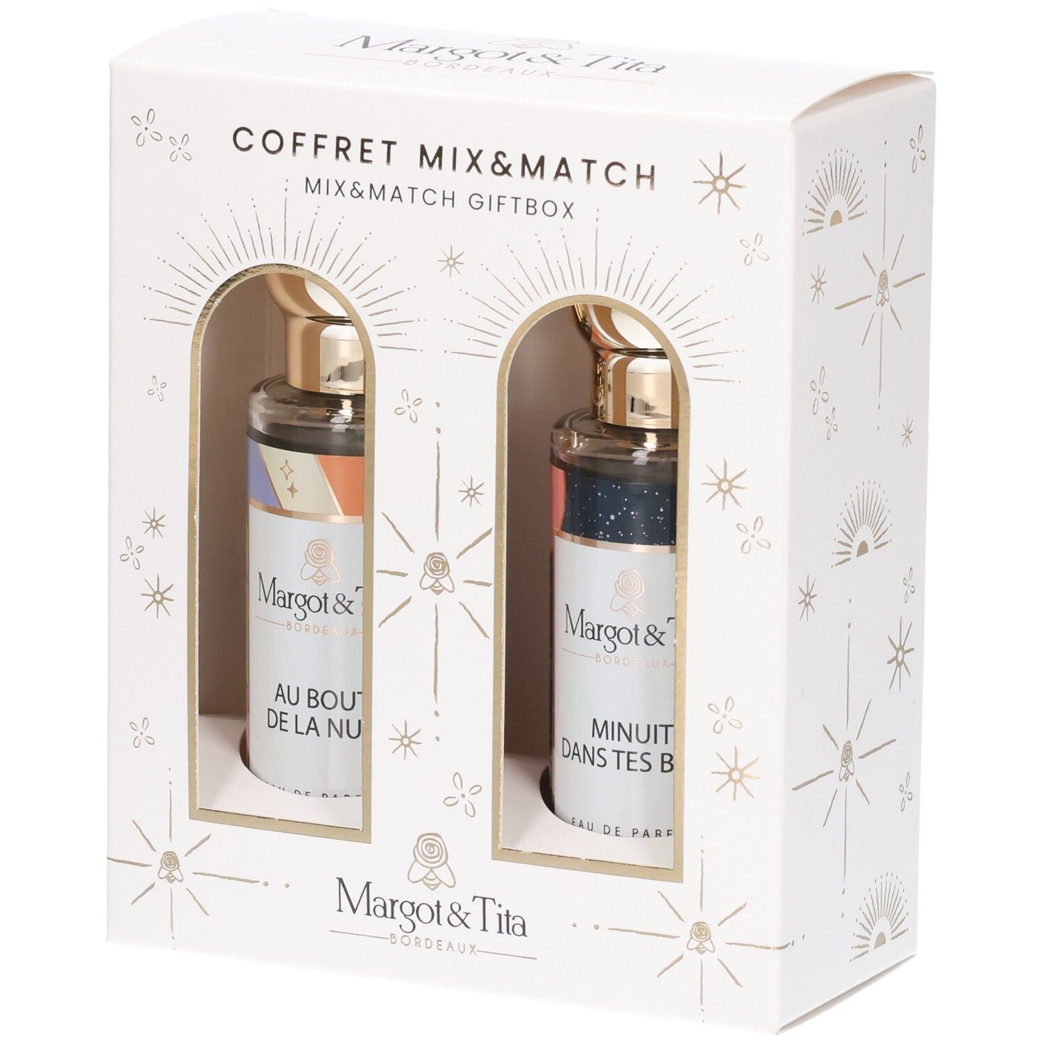 Coffret Mix&Match Margot&Tita contenant deux flacons d'eau de parfum : 'Au bout de la nuit' et 'Minuit dans tes bras'.
