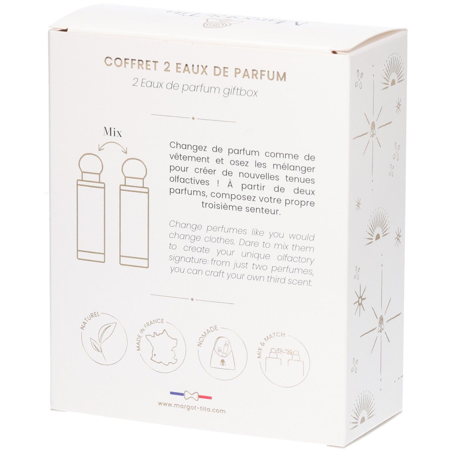 Arrière du coffret Mix&Match Margot&Tita expliquant la combinaison des parfums et les sceaux.