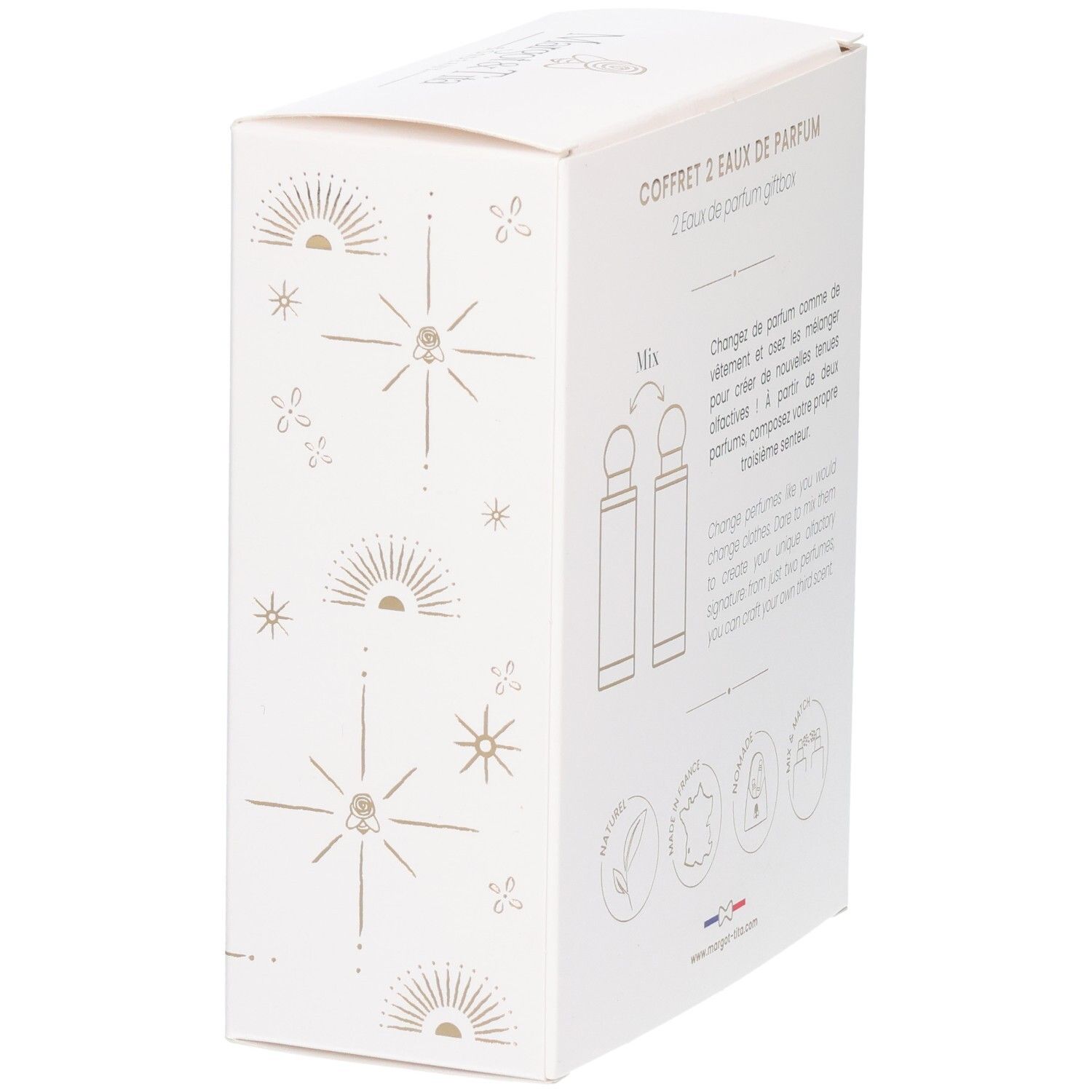 Vue de côté du coffret Mix&Match Margot&Tita contenant deux flacons d'eau de parfum.