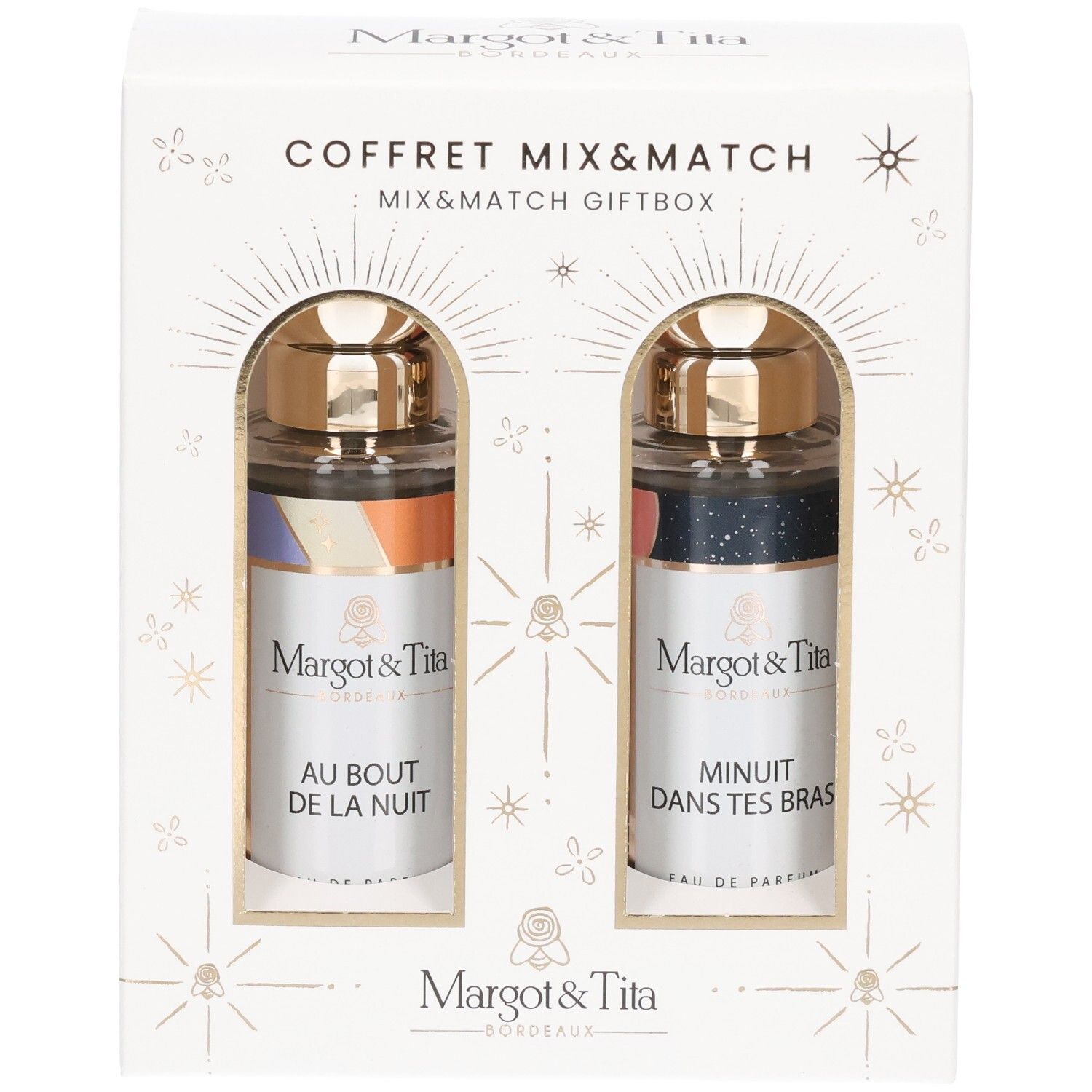 Coffret Mix&Match Margot&Tita contenant deux flacons d'eau de parfum : 'Au bout de la nuit' et 'Minuit dans tes bras'.
