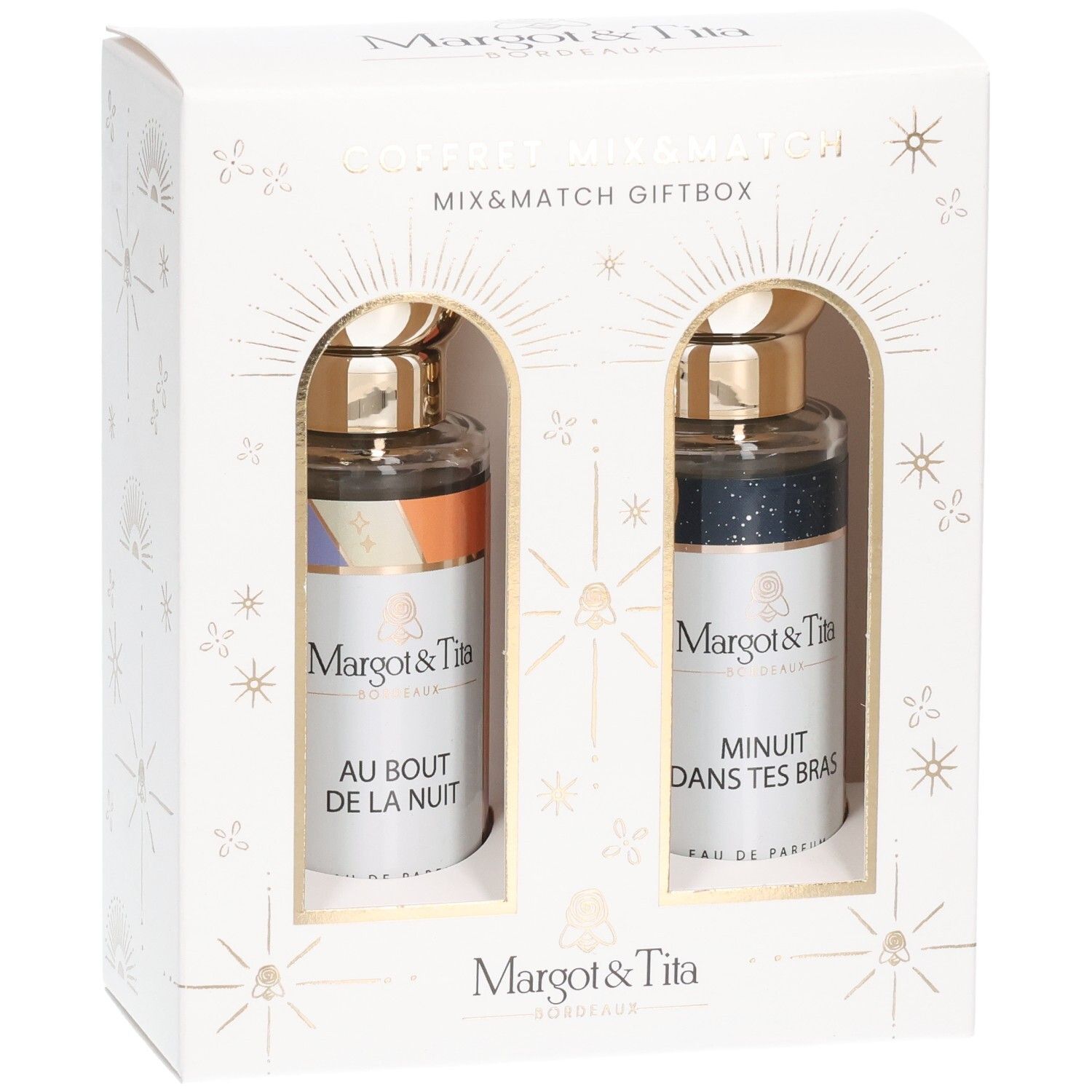 Coffret Mix&Match Margot&Tita contenant deux flacons d'eau de parfum : 'Au bout de la nuit' et 'Minuit dans tes bras'.