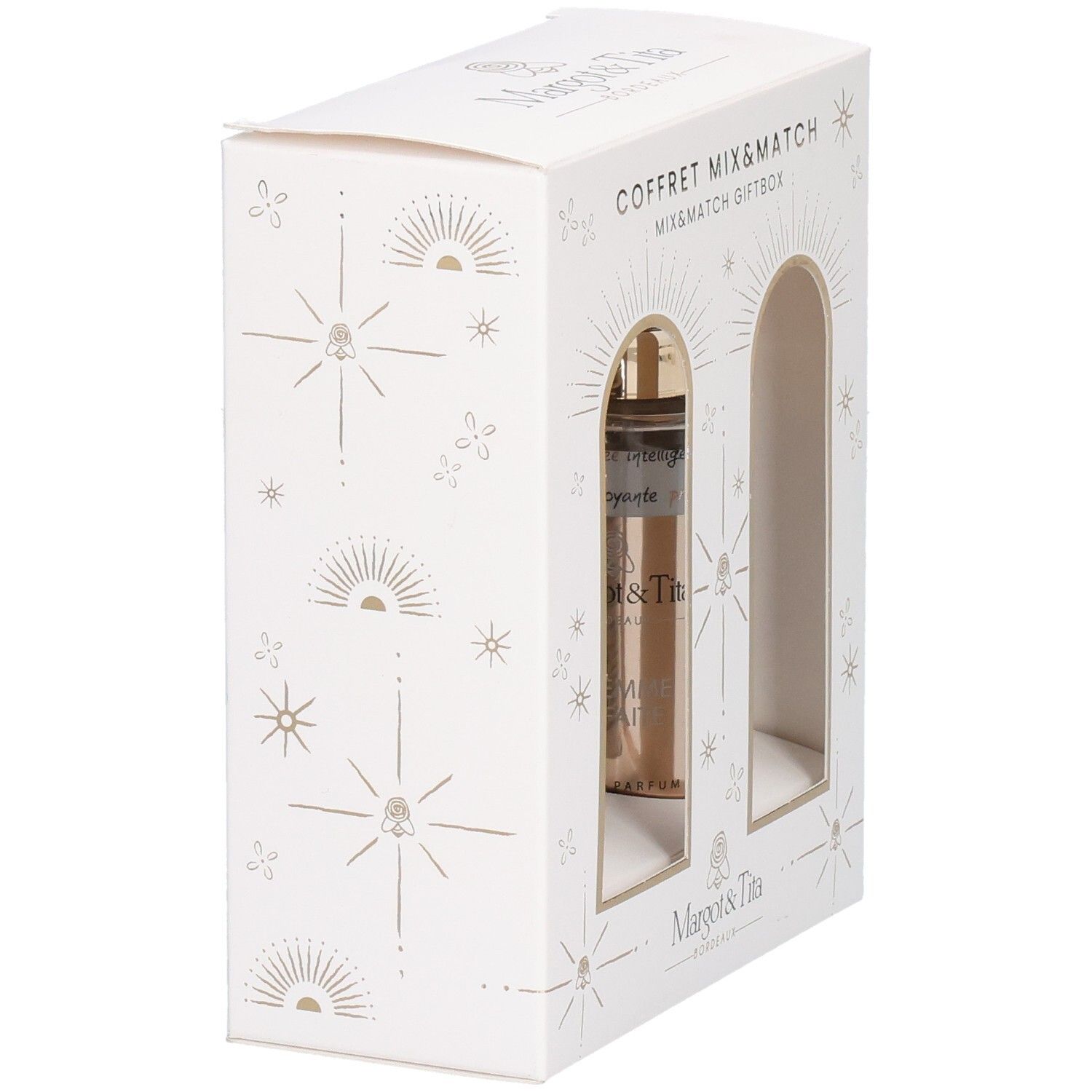 Coffret Mix&Match Margot & Tita, vue latérale avec un flacon d'eau de parfum.