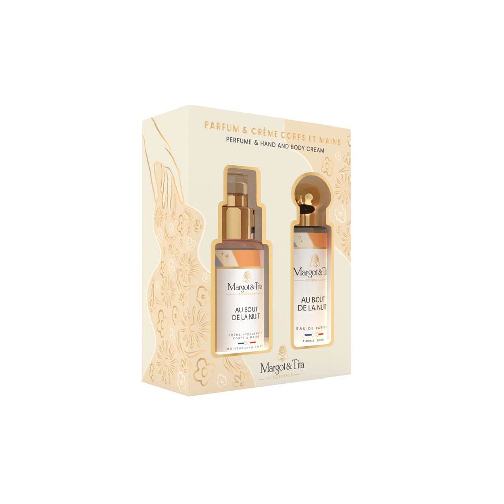 Coffret cadeau Margot&Tita : Parfum et crème mains et corps dans une boîte.