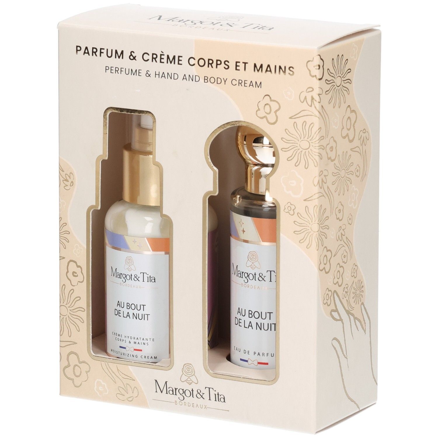 Coffret cadeau Margot&Tita : Parfum et crème mains et corps dans une boîte.