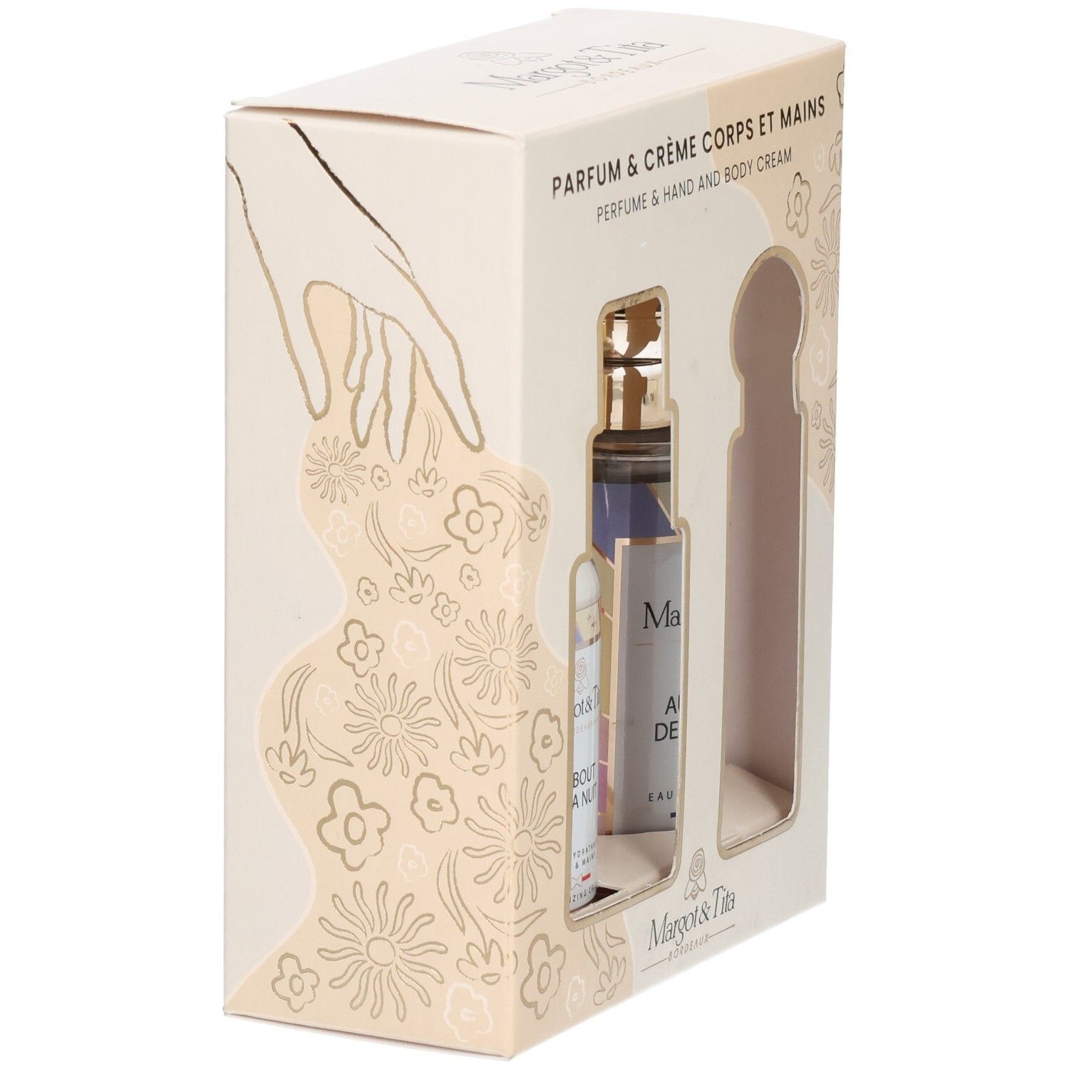 Coffret cadeau Margot&Tita : Parfum et crème mains et corps, vue latérale.