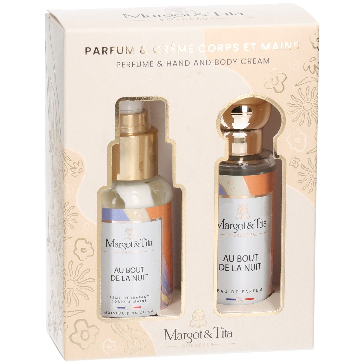 Coffret cadeau Margot&Tita : Parfum et crème mains et corps dans une boîte.