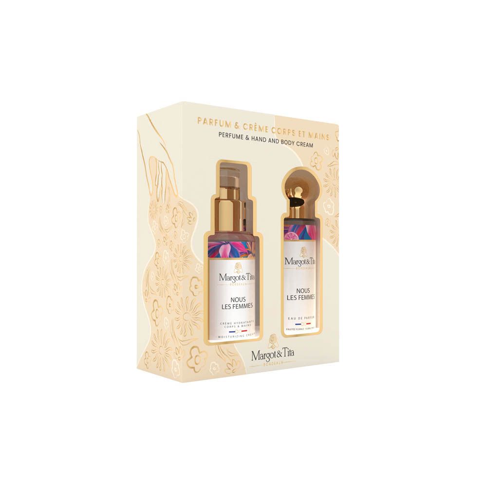 Coffret cadeau avec crème et parfum. Inscription : Margot & Tita, Nous les Femmes. Emballage beige avec motif floral.