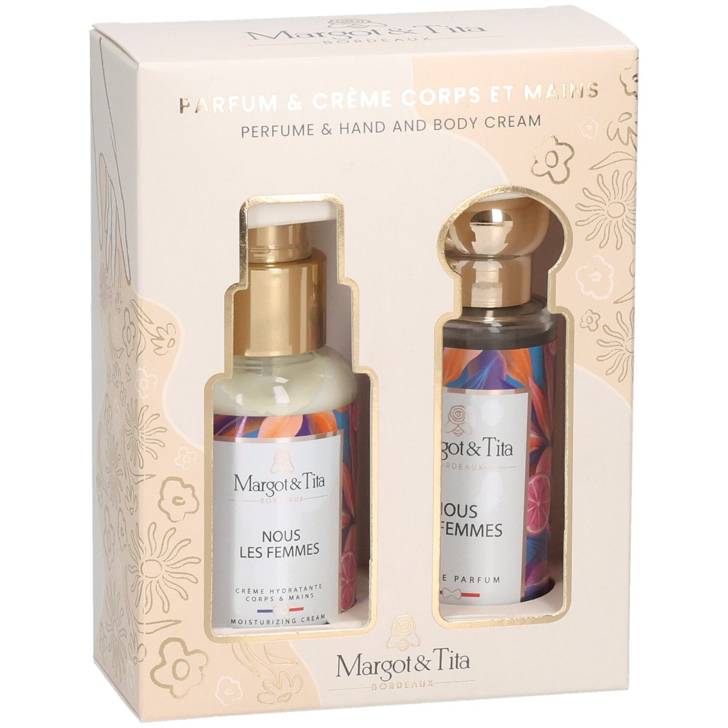 Coffret cadeau avec crème et parfum. Inscription : Margot & Tita, Nous les Femmes. Emballage beige avec motif floral.