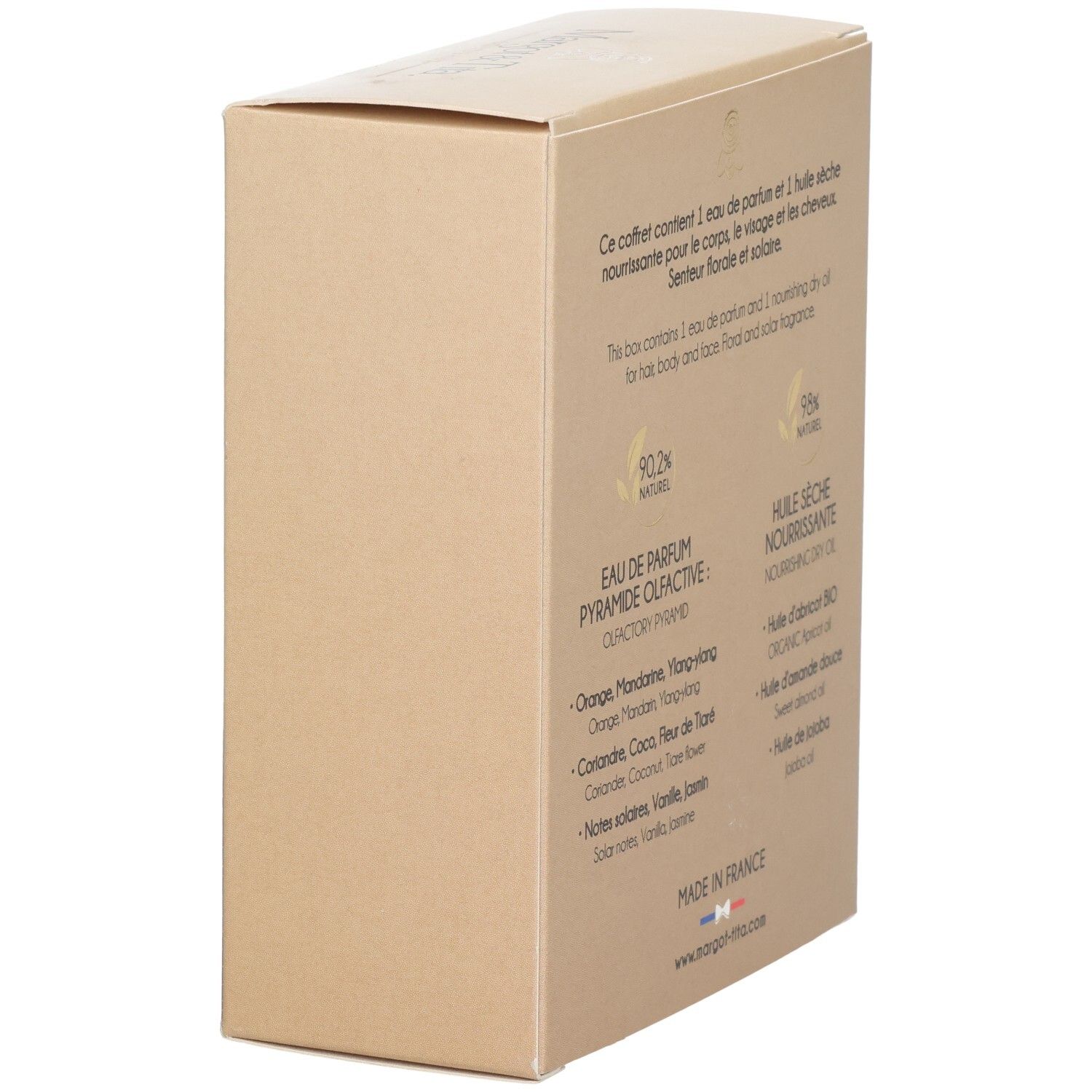Arrière de la boîte Margot & Tita avec informations produit et ingrédients.