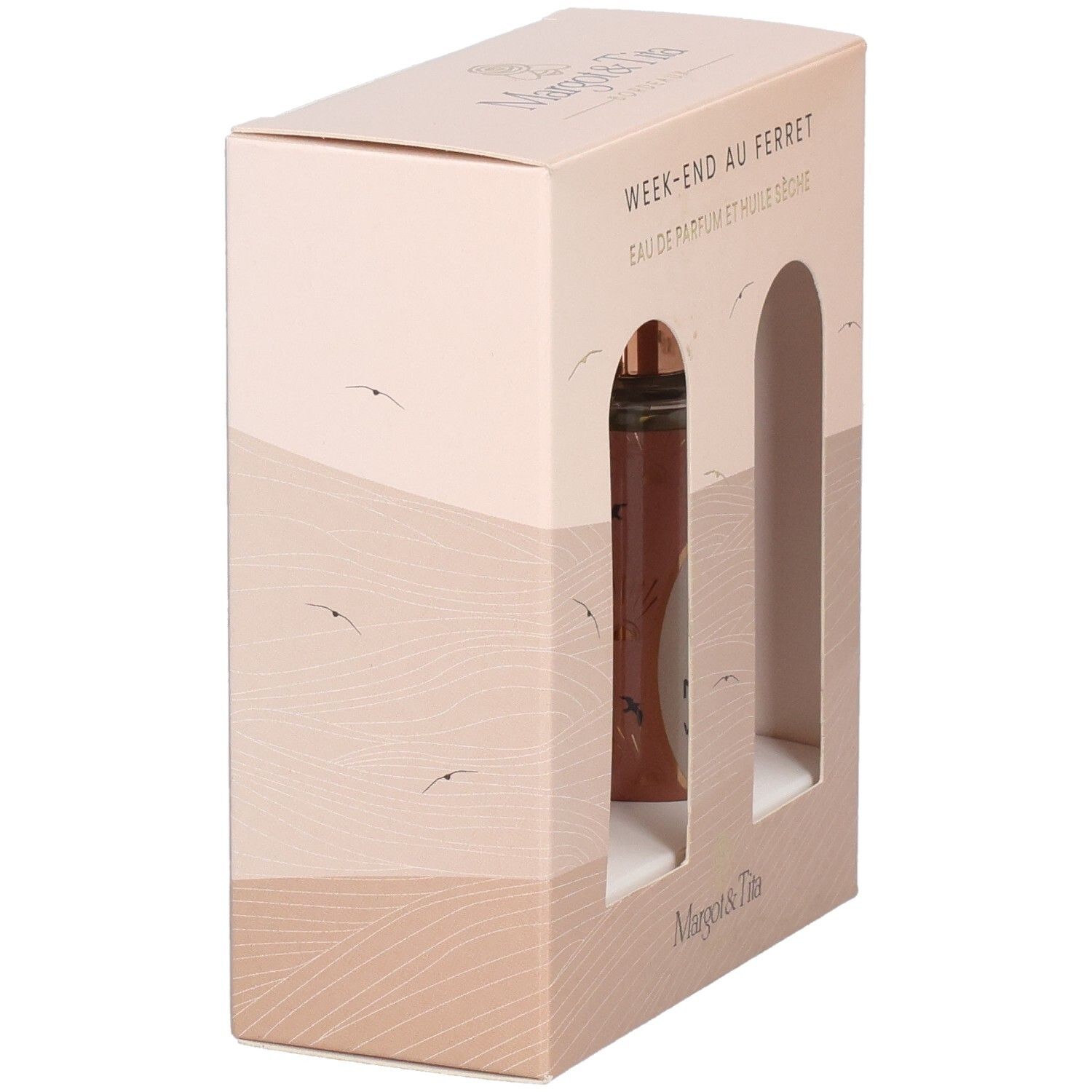 Coffret, vue latérale. Inscription: Week-End au Ferret, Eau de Parfum et Huile Sèche. Marque: Margot & Tita.