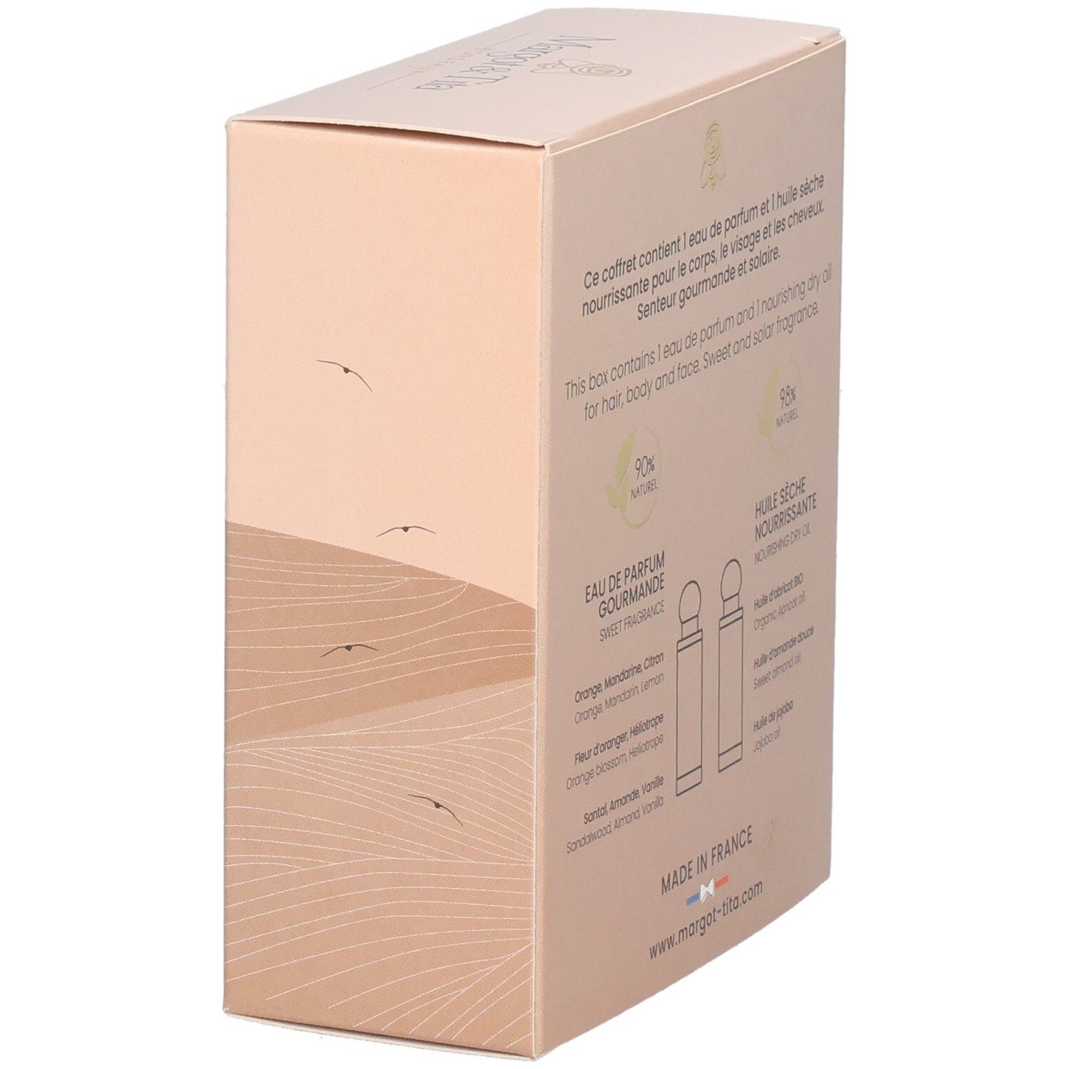 Coffret, vue latérale. Texte: Eau de Parfum et Huile Sèche. Marque: Margot & Tita. Fabriqué en France.