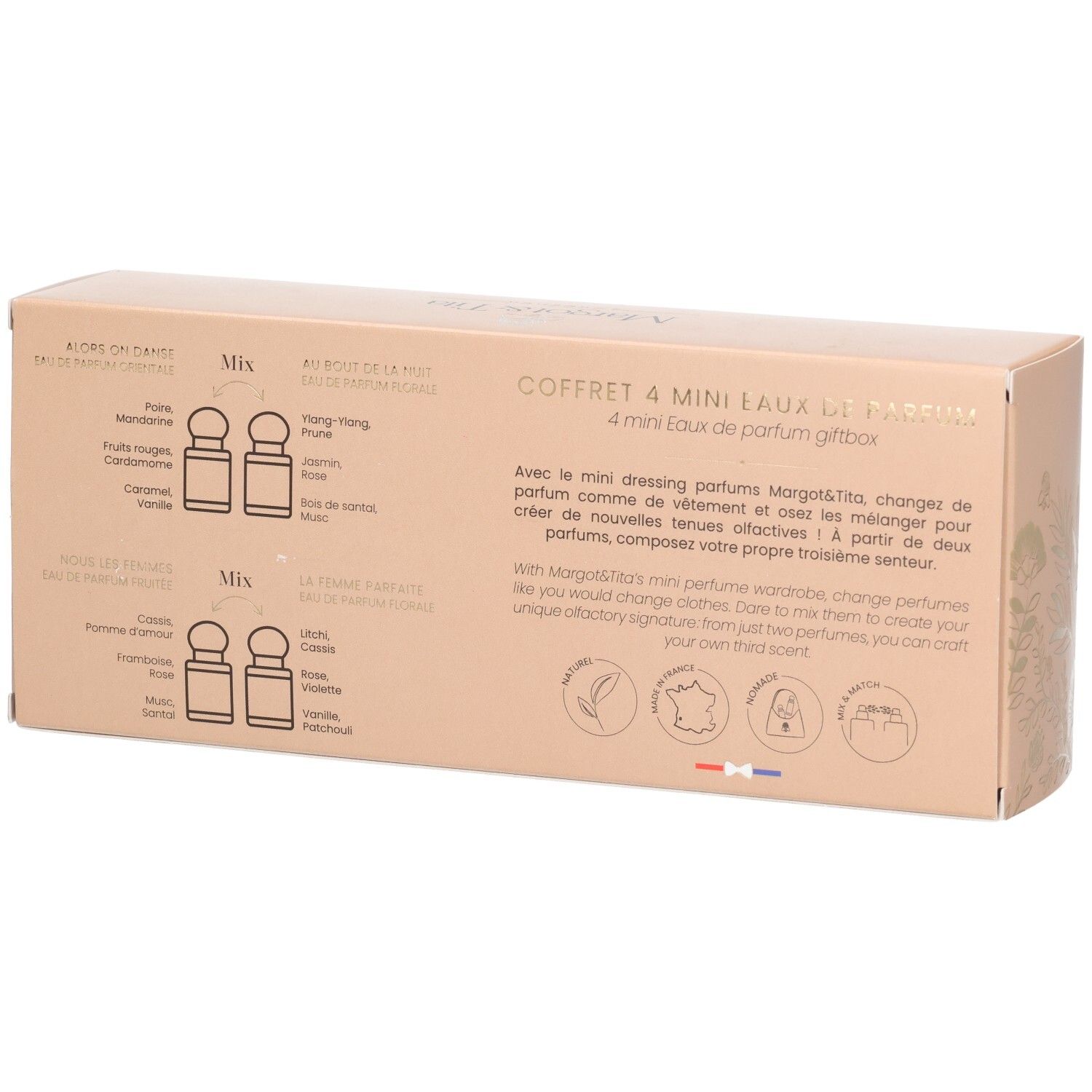 Dos d'un coffret cadeau avec des informations sur les parfums inclus. La boîte est beige avec des décorations florales et des logos.