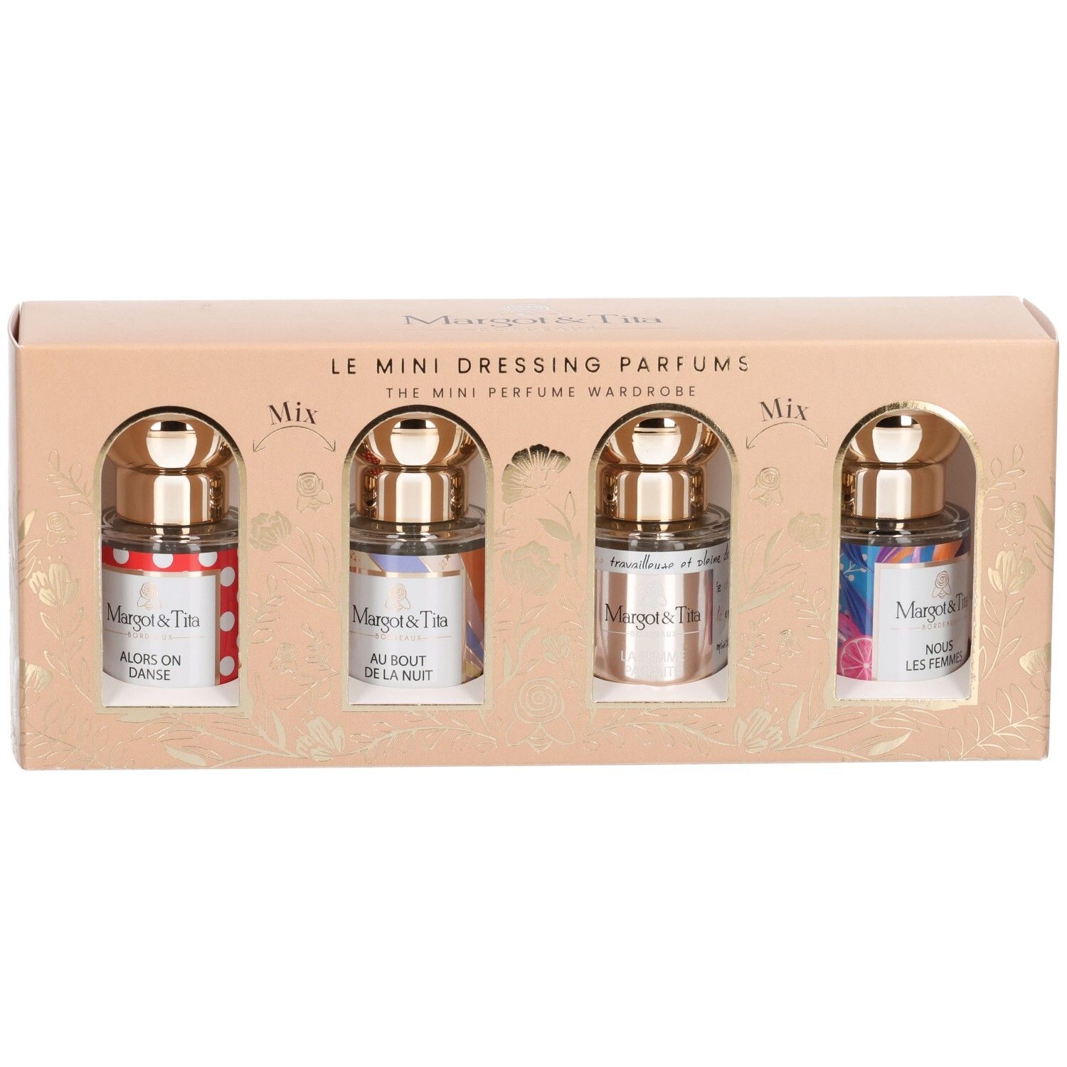 Coffret cadeau avec quatre mini-parfums. Chaque flacon a un bouchon doré et une étiquette colorée. La boîte est beige.