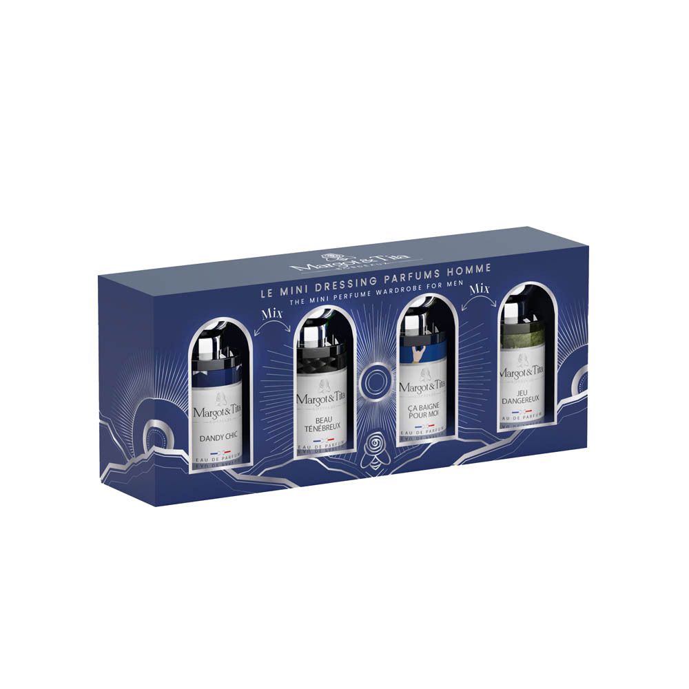 Coffret Margot & Tita Mini Dressing Parfums Homme, vue de face, 4 flacons dans boîte bleue.