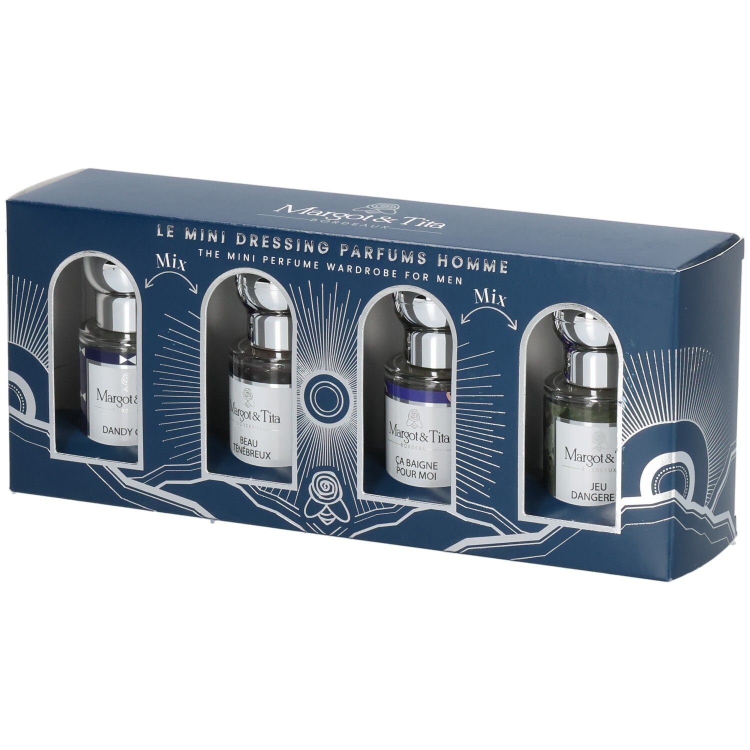 Coffret Margot & Tita Mini Dressing Parfums Homme, 4 flacons dans une boîte cadeau bleue.
