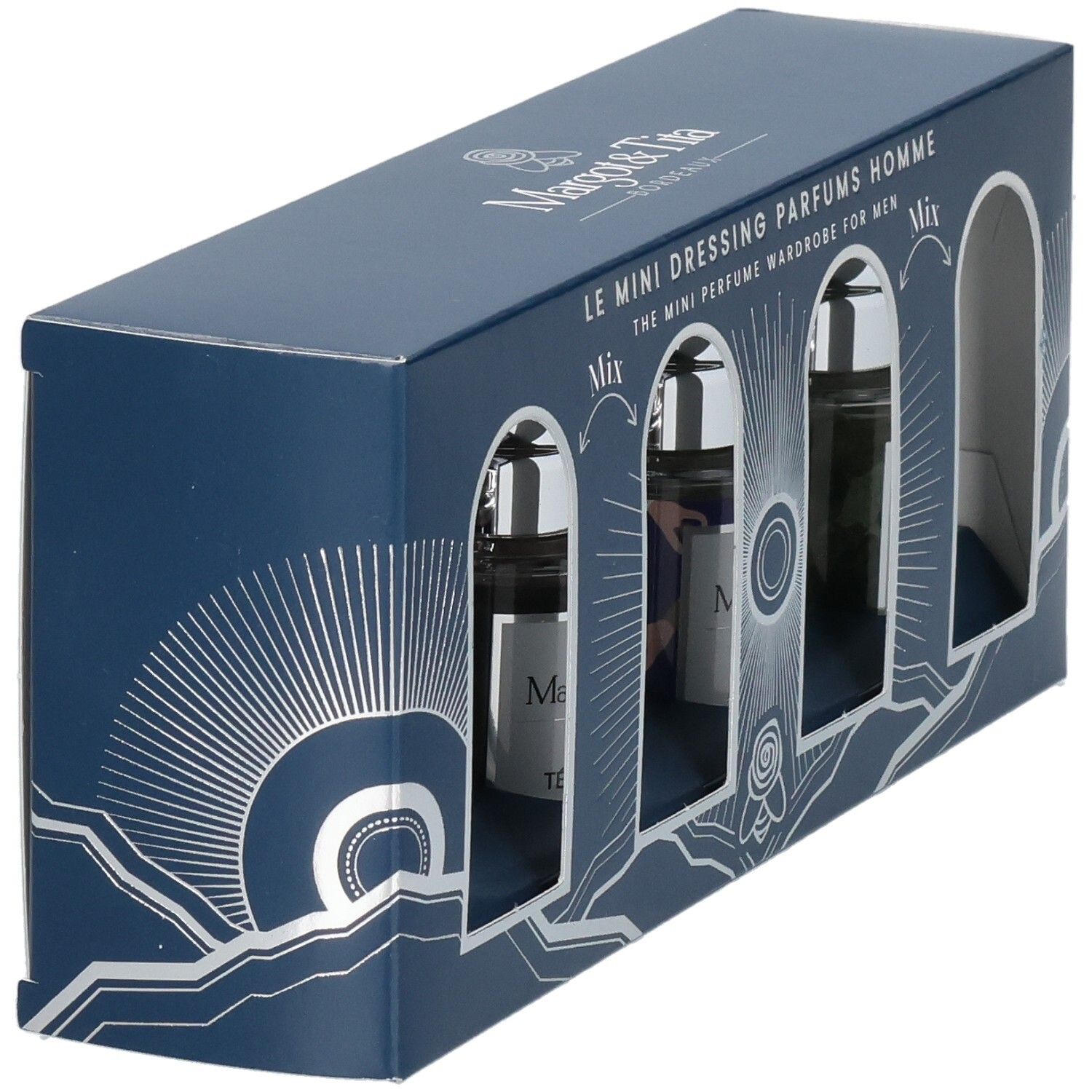 Coffret Margot & Tita Mini Dressing Parfums Homme, vue de trois quarts avant, 4 flacons dans boîte bleue.