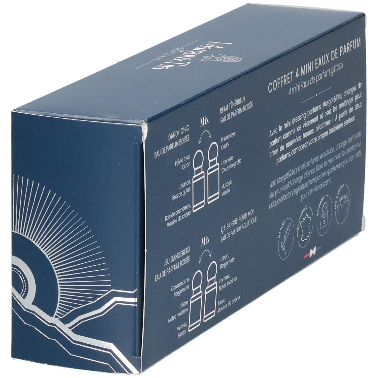 Vue latérale de la boîte cadeau Margot & Tita Mini Dressing Parfums Homme avec descriptions des parfums.