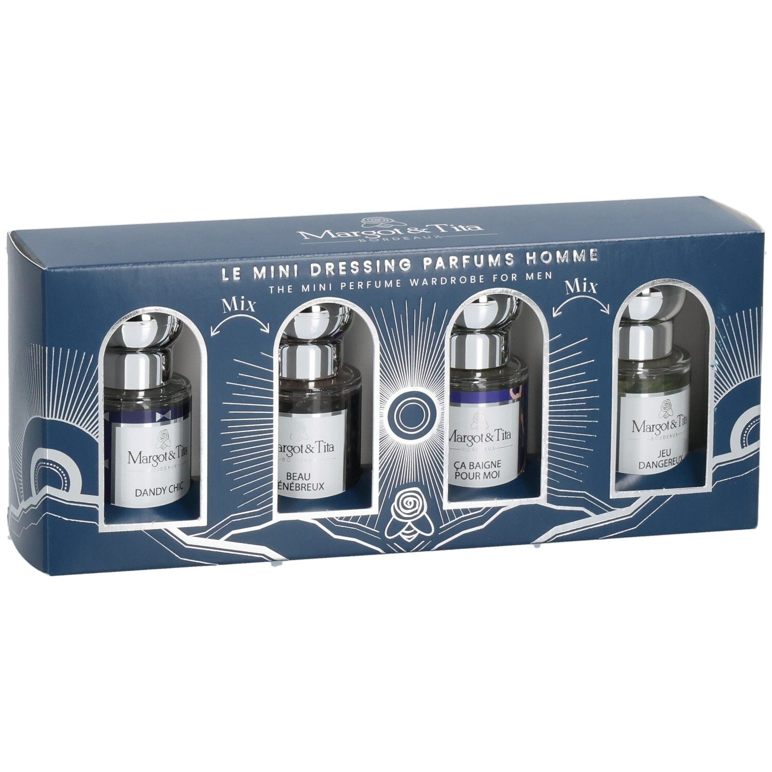 Coffret Margot & Tita Mini Dressing Parfums Homme, vue de face, 4 flacons dans boîte bleue.