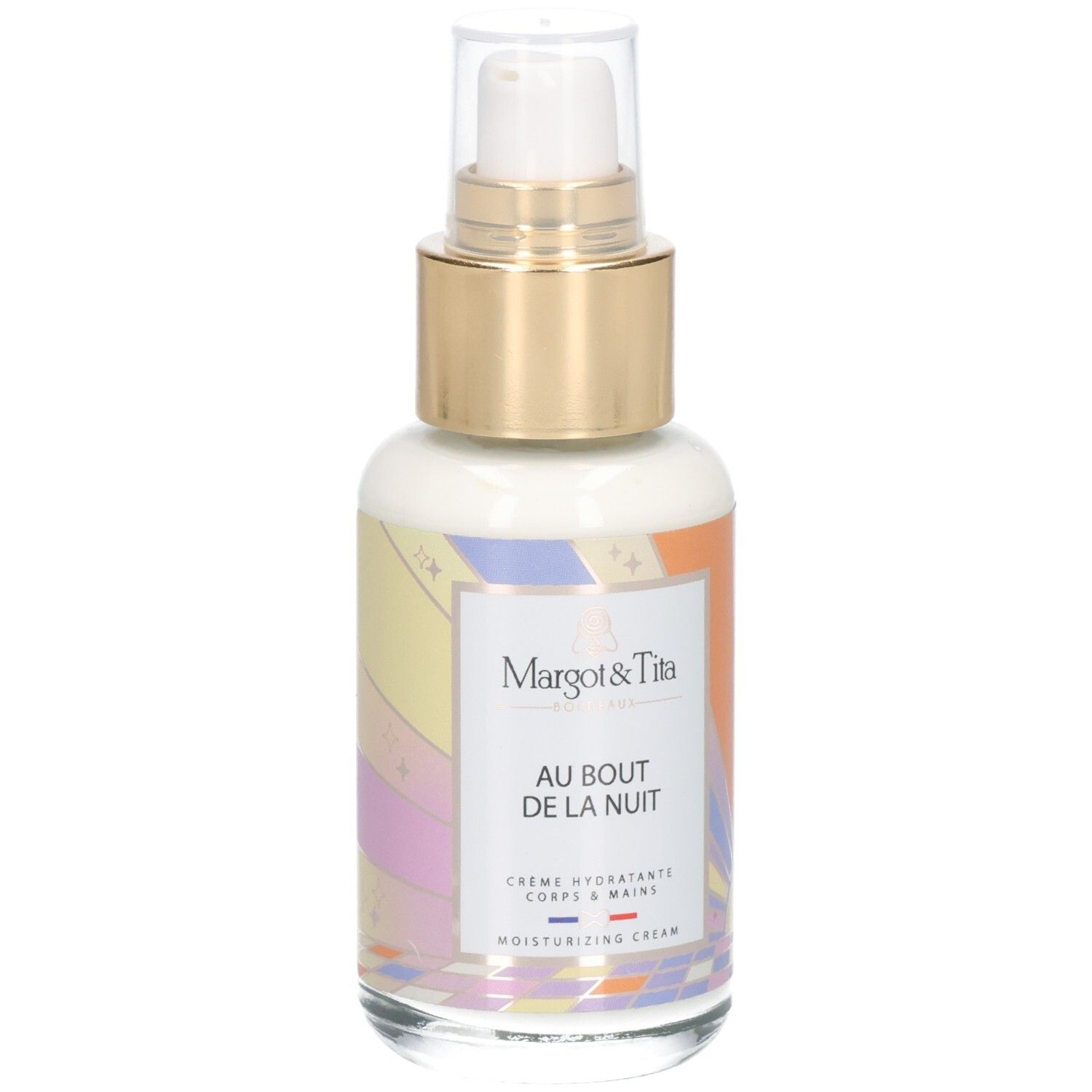 Crème hydratante Margot & Tita avec pompe. Flacon en verre au design abstrait coloré.