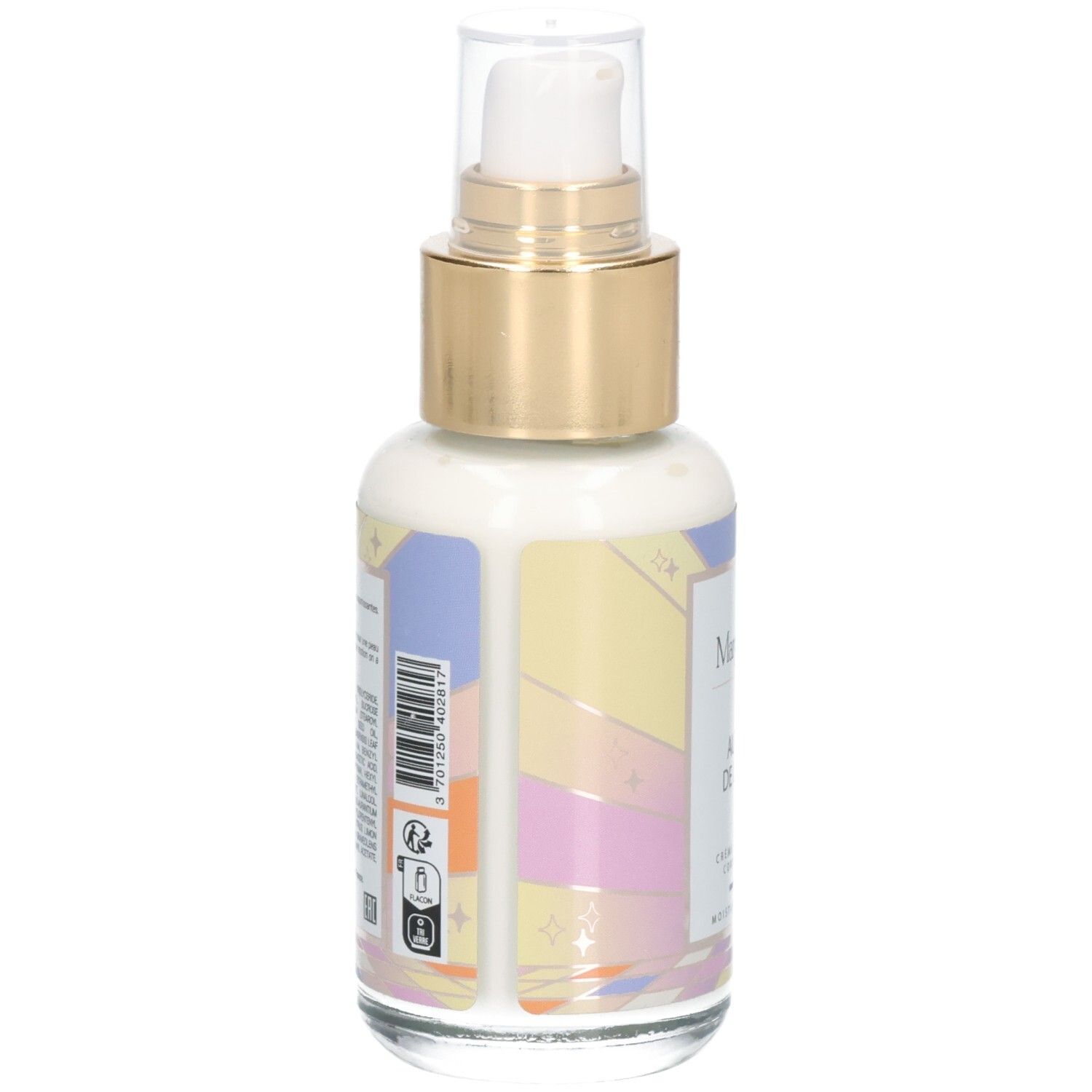 Arrière de la crème hydratante Margot & Tita. Flacon en verre avec étiquette et design coloré.
