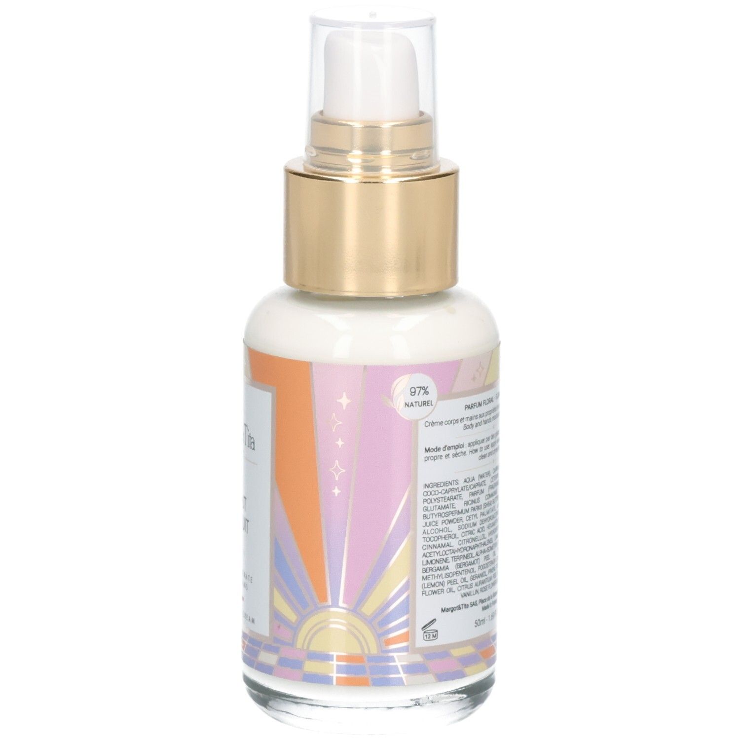 Crème hydratante Margot & Tita. Flacon en verre avec pompe et étiquette indiquant 97% d'ingrédients naturels.