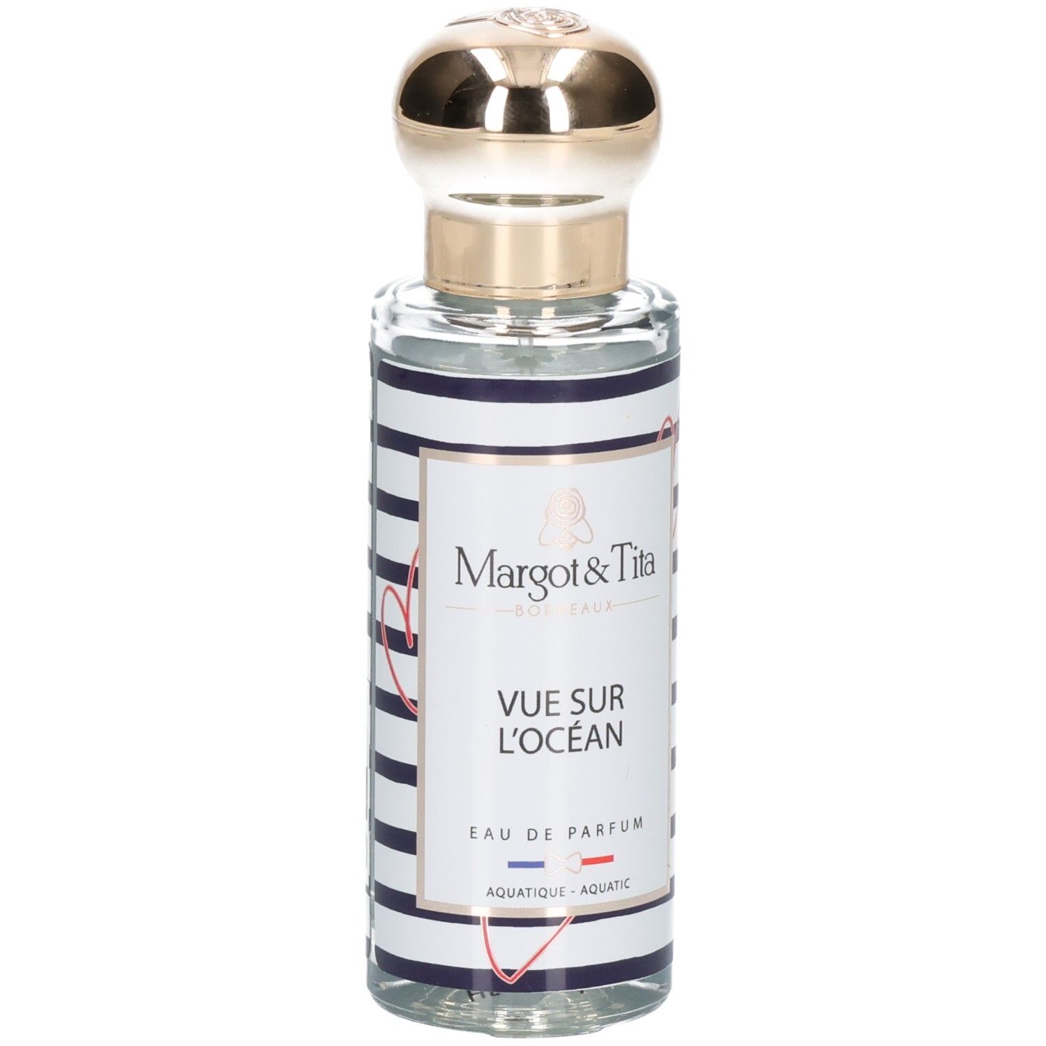 Bouteille de Margot & Tita Vue Sur Océan Eau de Parfum avec bouchon doré et étiquette rayée bleu et blanc.