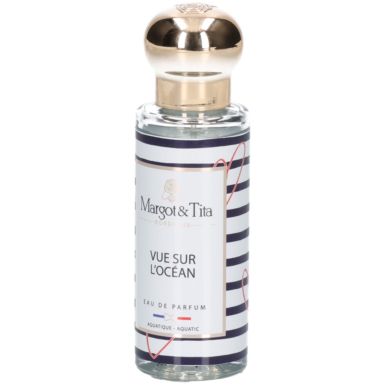 Bouteille de Margot & Tita Vue Sur Océan Eau de Parfum avec bouchon doré et étiquette rayée bleu et blanc.